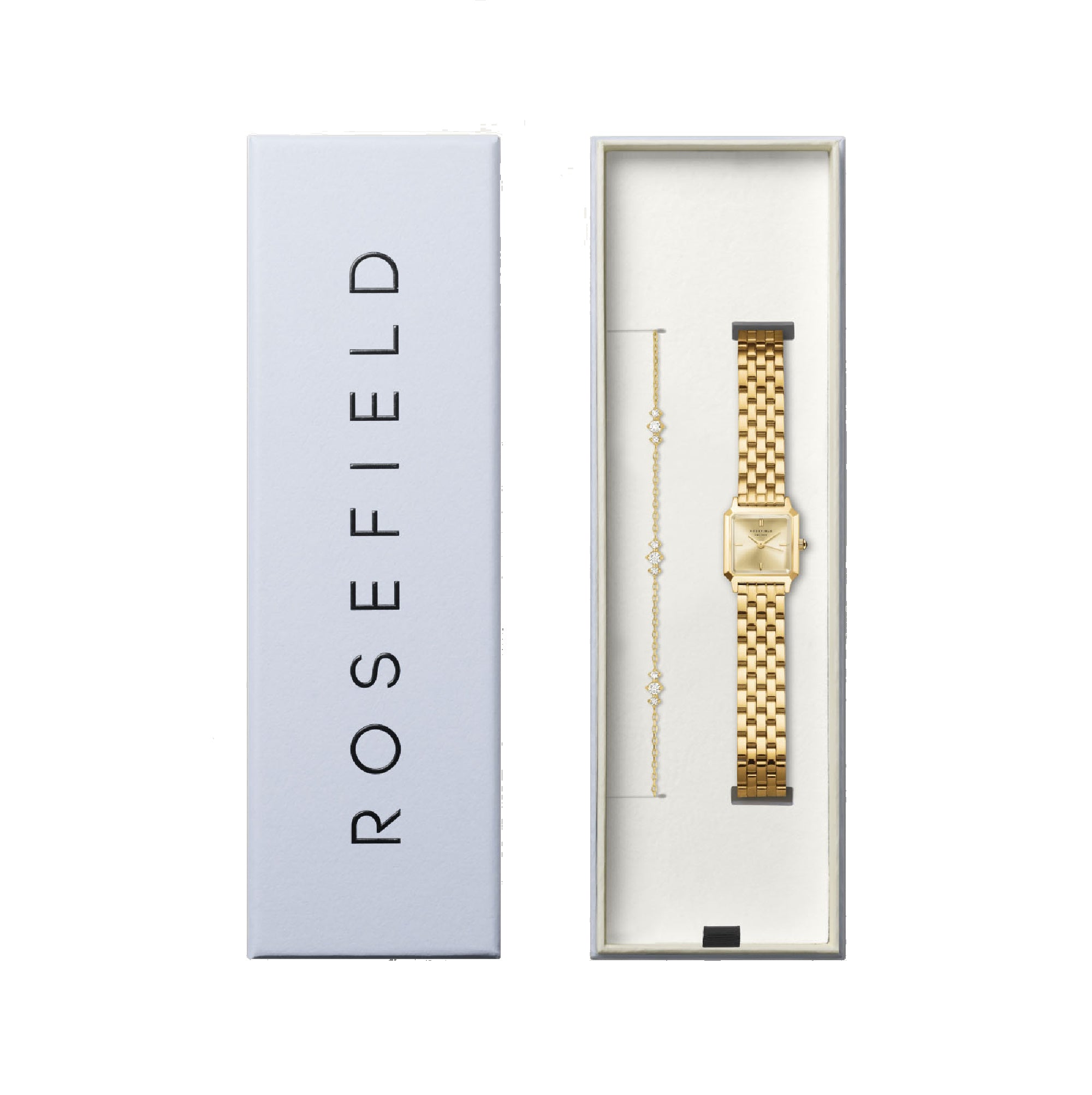 Rosefield Boxelle Gold Dial Stainless Steel Watch and Crystal Detailed Bracelet BCGTC-X284