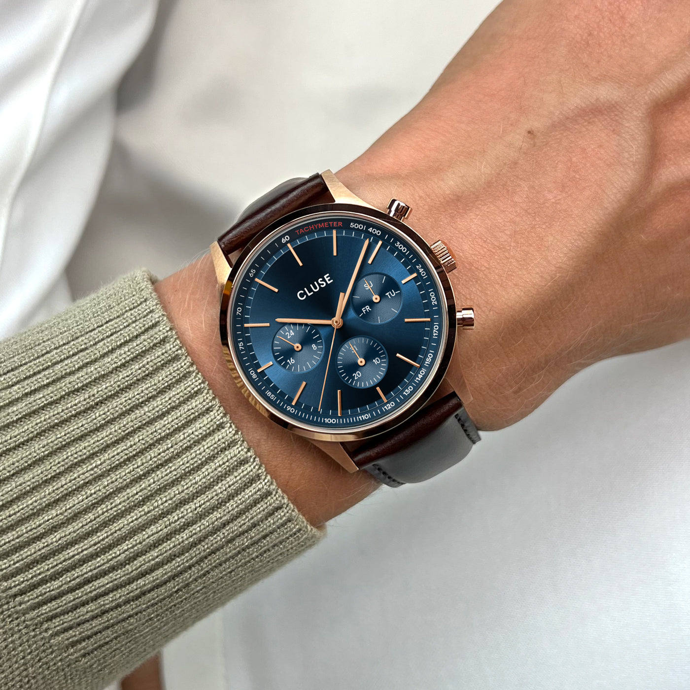 CLUSE Antheor Multifunction Blue Leather Rose Gold Watch CW21009