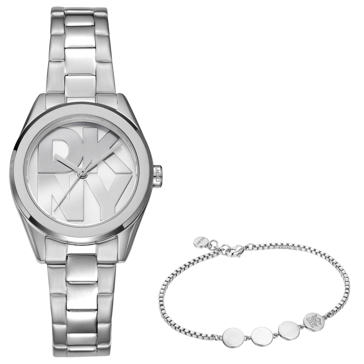 DKNY Logo Silver 28mm Silver Dial Womens Watch + Silver Bracelet DK1L145M0035