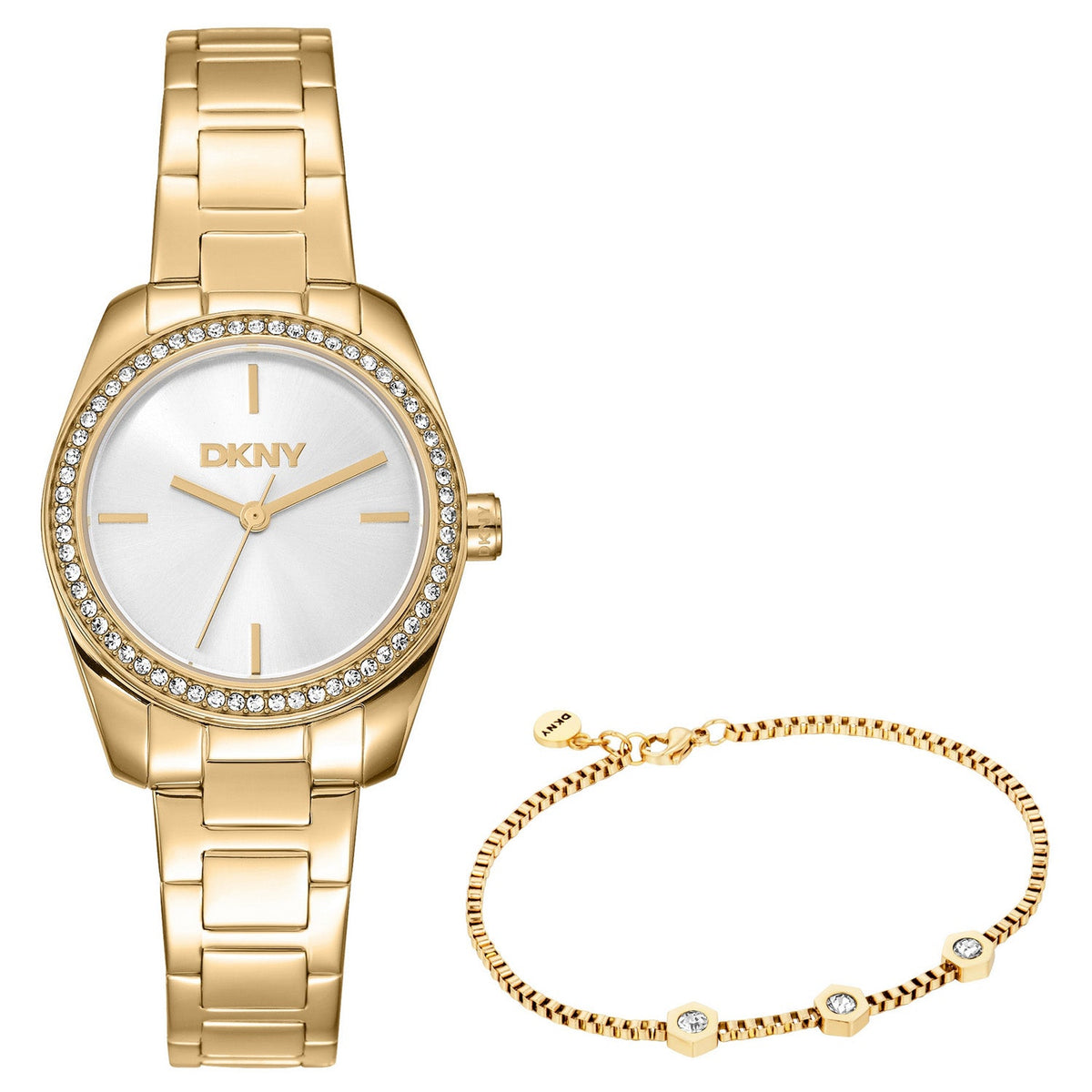 DKNY Evening Silver Dial Gold Steel Womens Watch DK1L184M0065 front packshot