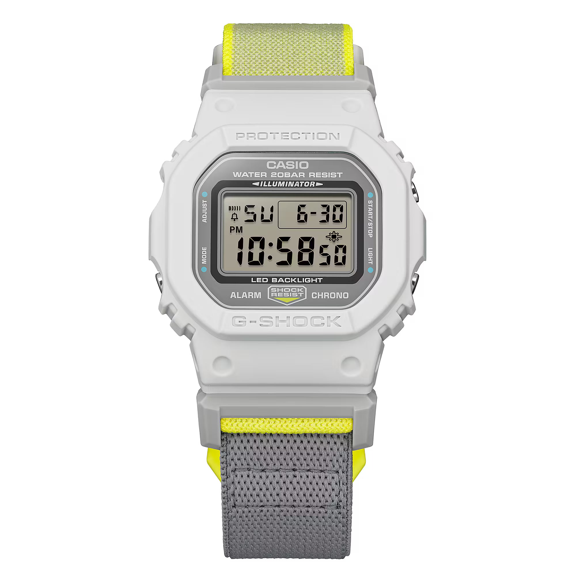 G-Shock Digital White and Yellow Nylon FIDLOCK Clasp Band Watch DW5600MNC-7A8