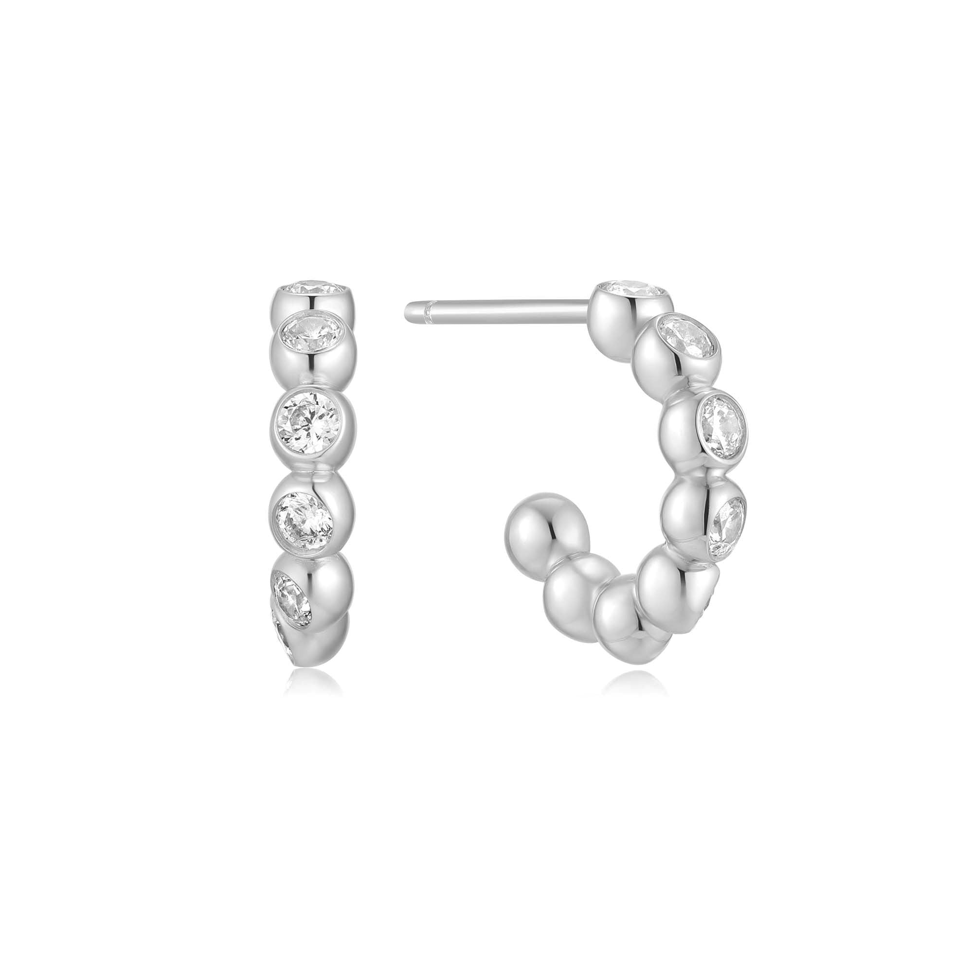 Silver Bezel Beaded Huggie Hoop Earrings for Subtle Elegance