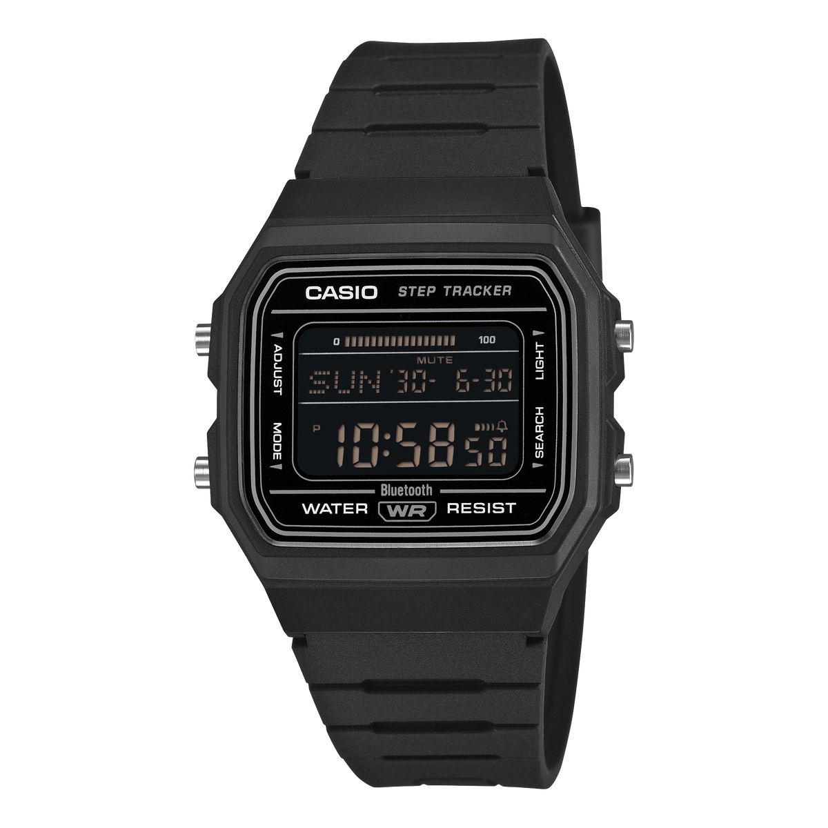 Casio FB100W-1B digital watch with all-black resin case, negative LCD display and black resin strap