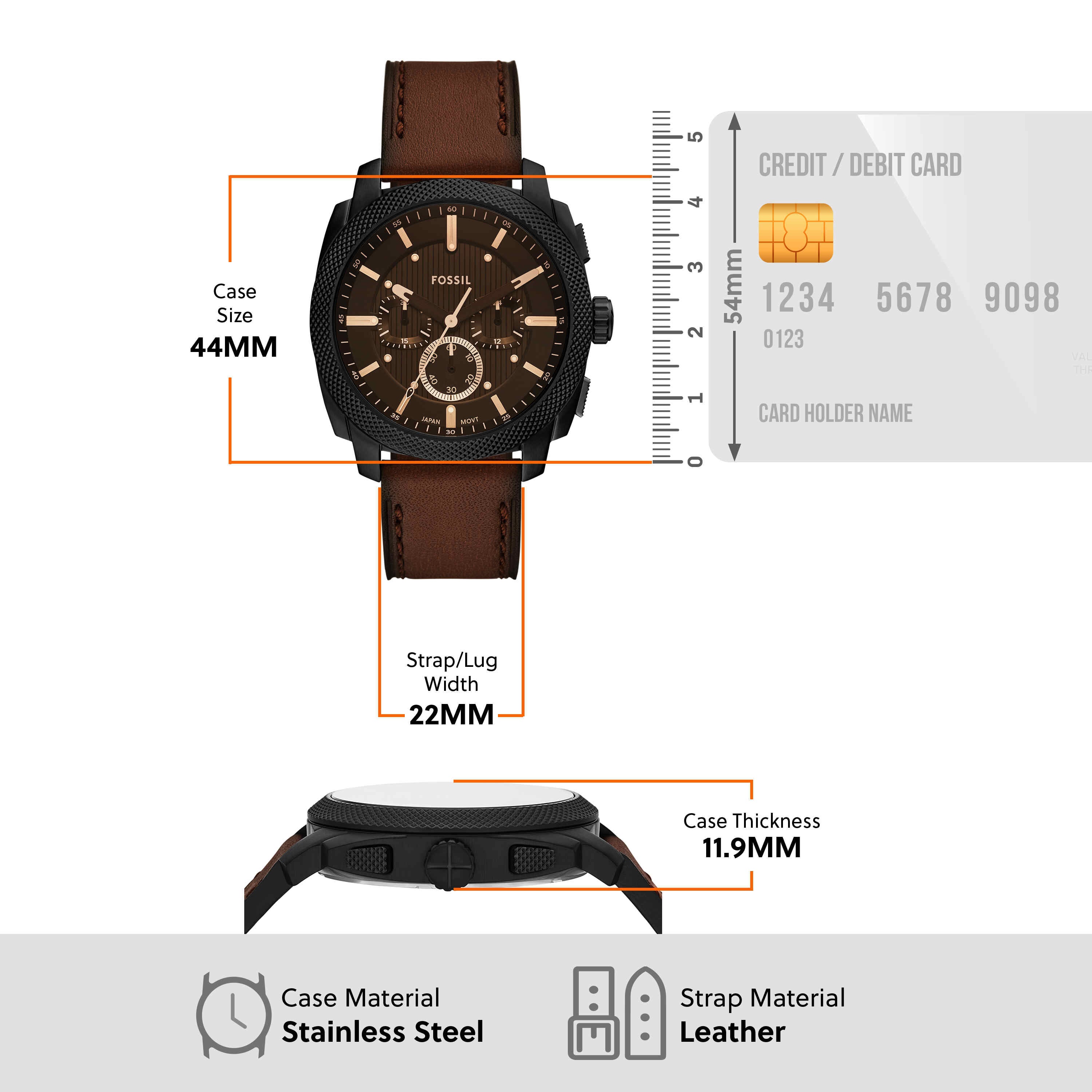 Fossil Machine Black Dial Brown Leather Strap Watch FS6101