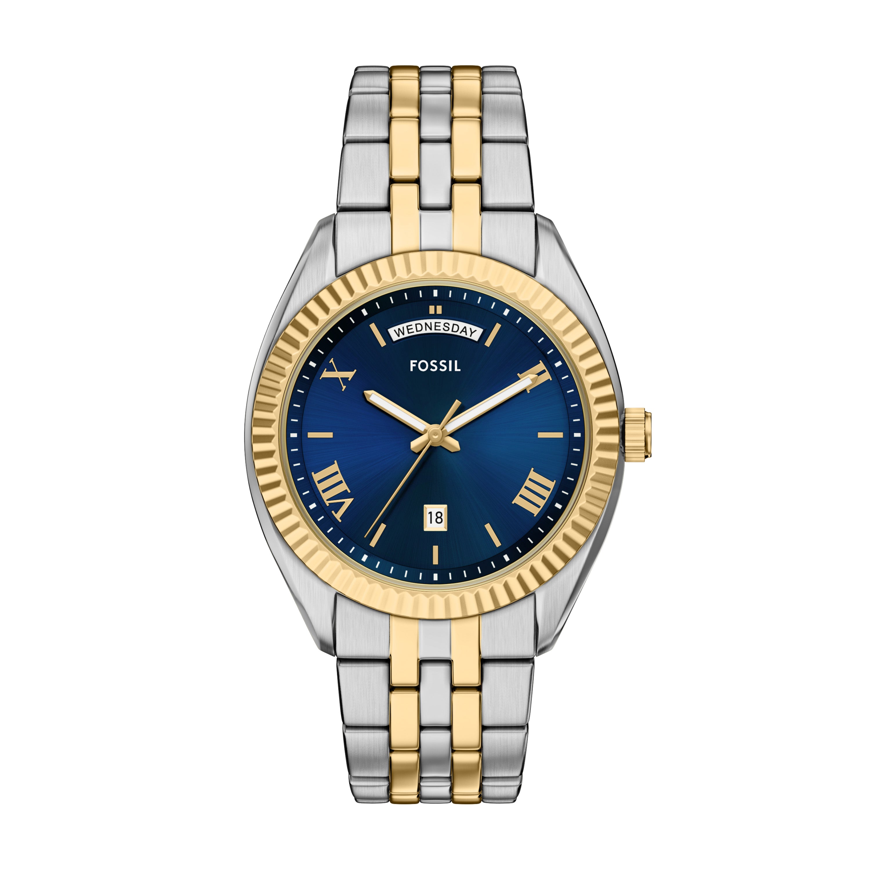 Fossil Three Hand Two Tone Stainless Steel Blue Dial Watch FS6141