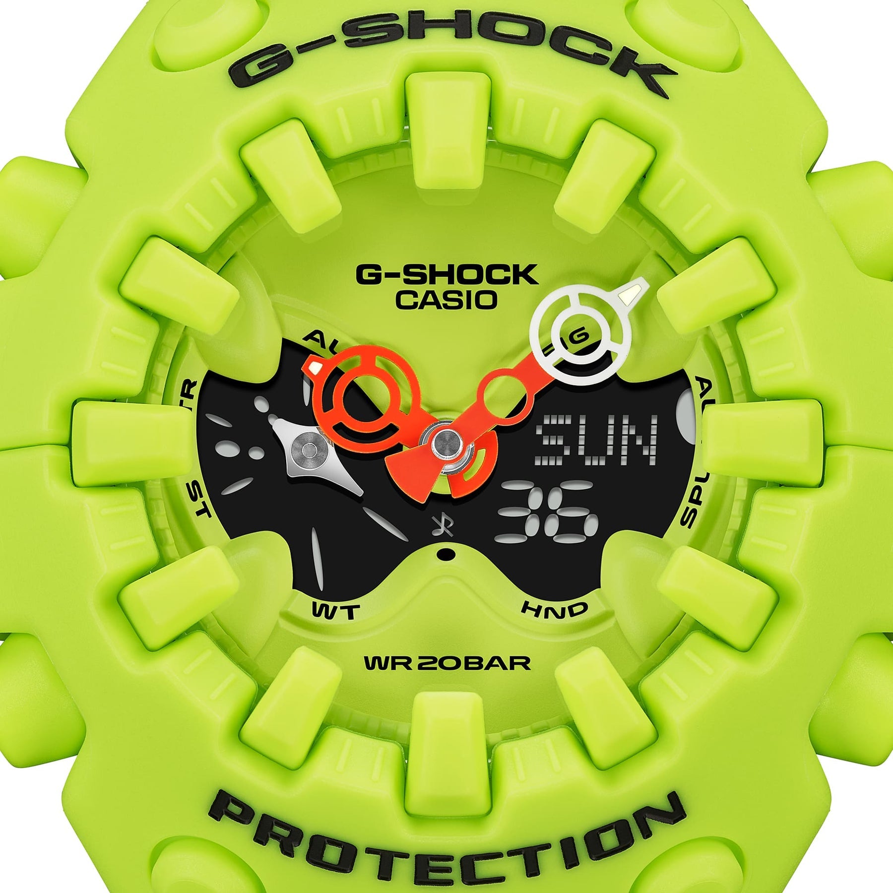 Close-up of G-Shock Ultimate Toughness Green Watch GAV01-9A with bold dial design and high-impact casing.
