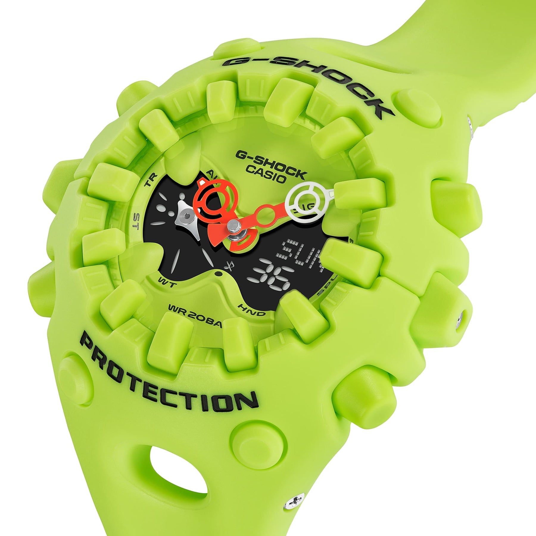 Bold neon design of the G-Shock Ultimate Toughness Green Watch GAV01-9A by Casio with rugged protective build.