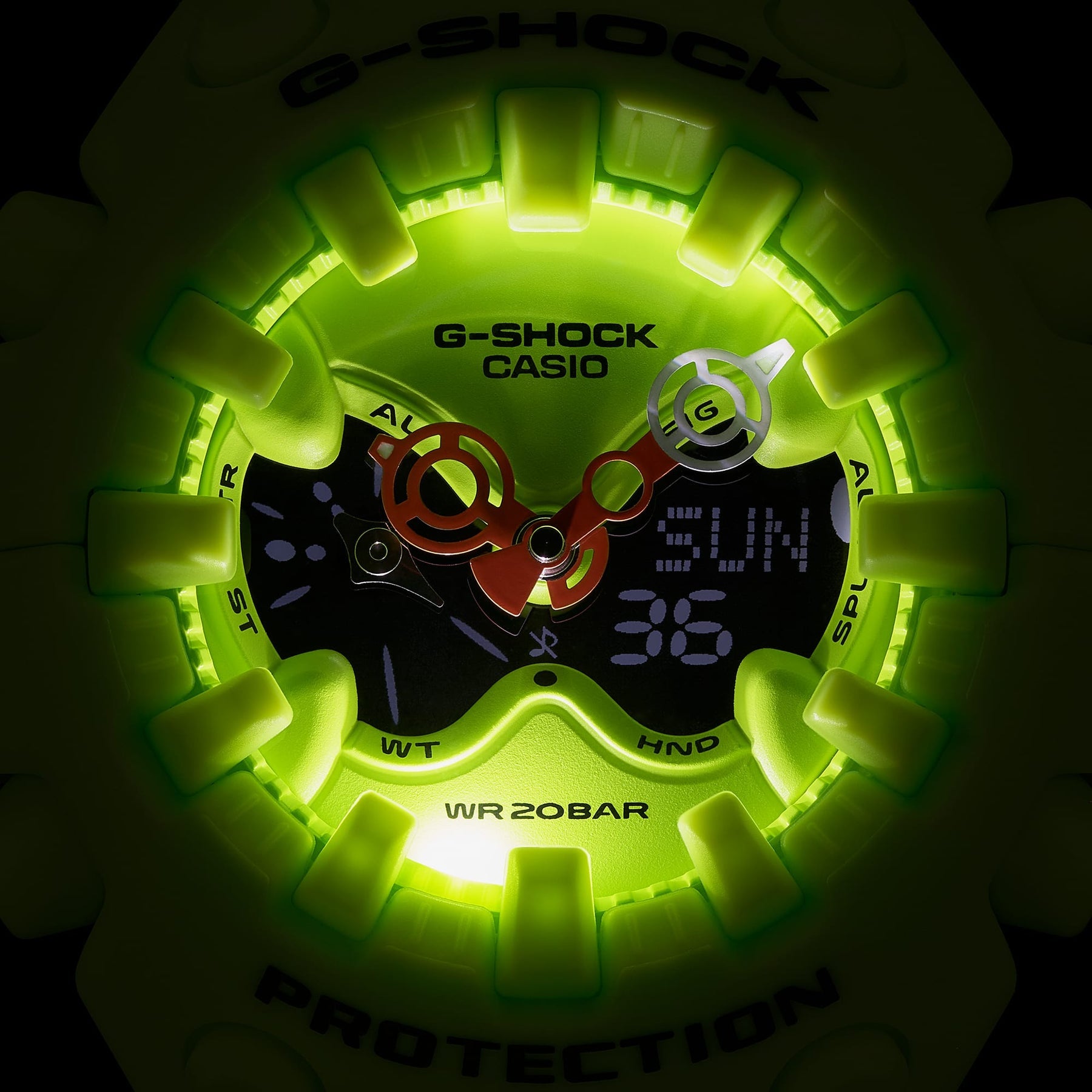 Close-up of Casio G-Shock Ultimate Toughness Green Watch GAV01-9A with illuminated dial and bold design.