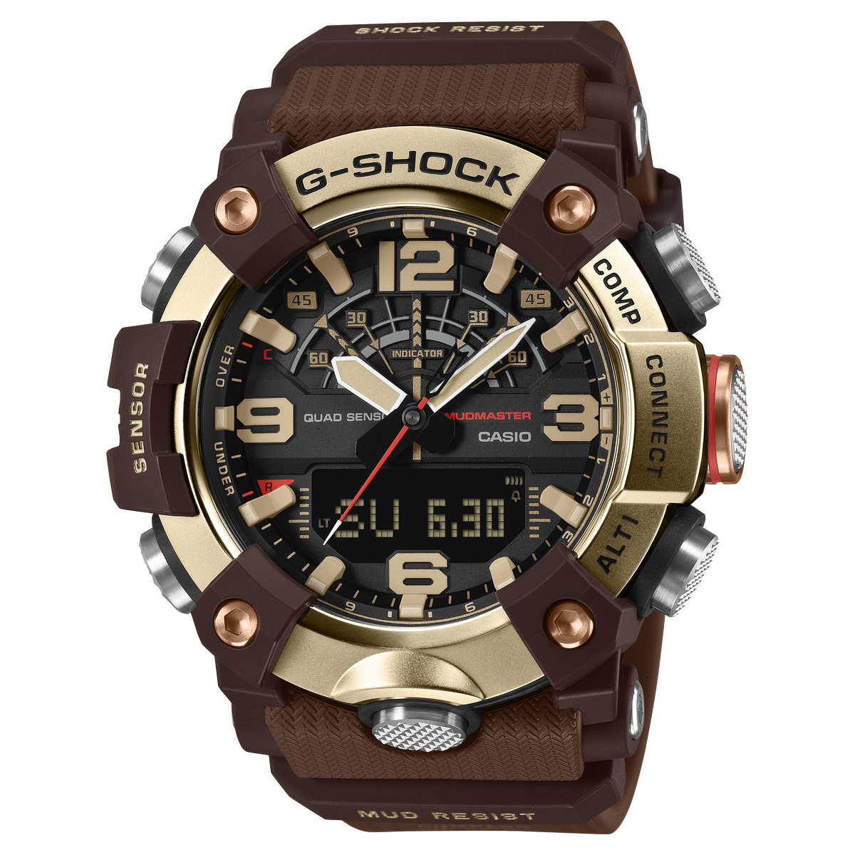 G-Shock Mudmaster GGB100XMH-5A with light gold ion-plated bezel and dark brown resin band
