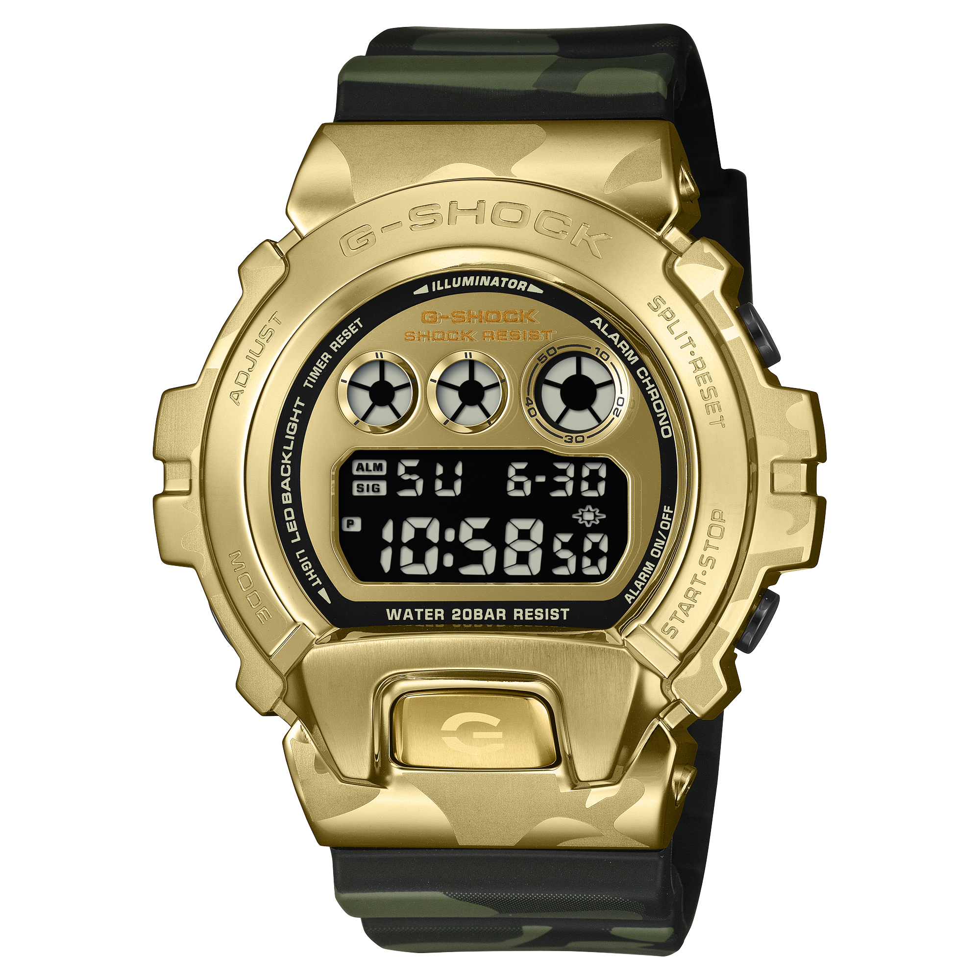 G-Shock wristwatch with a gold metal bezel and black and gold camouflage resin band.