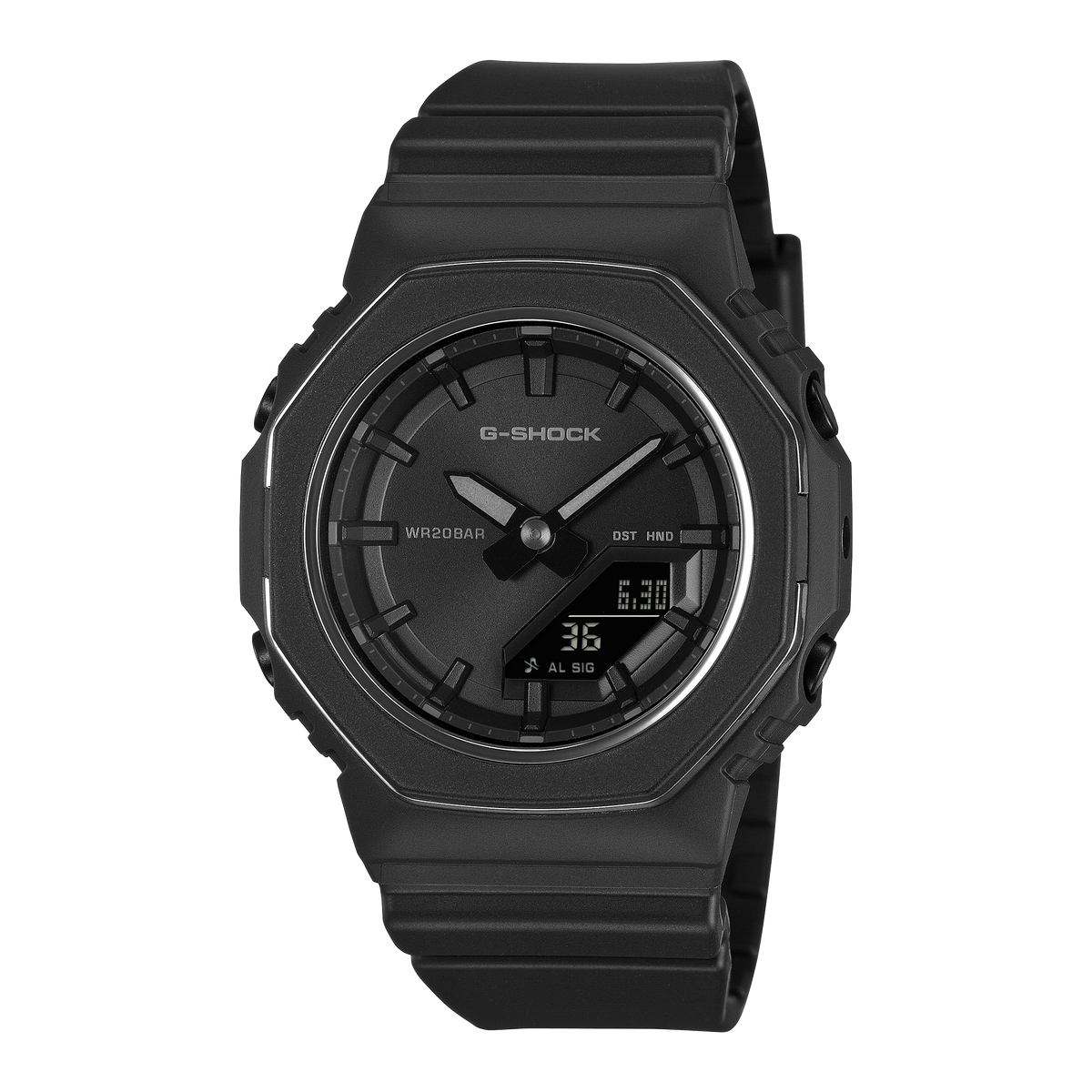 G-Shock GMAP2110B-1A all-black analogue-digital watch with metallic bezel rings and black resin band