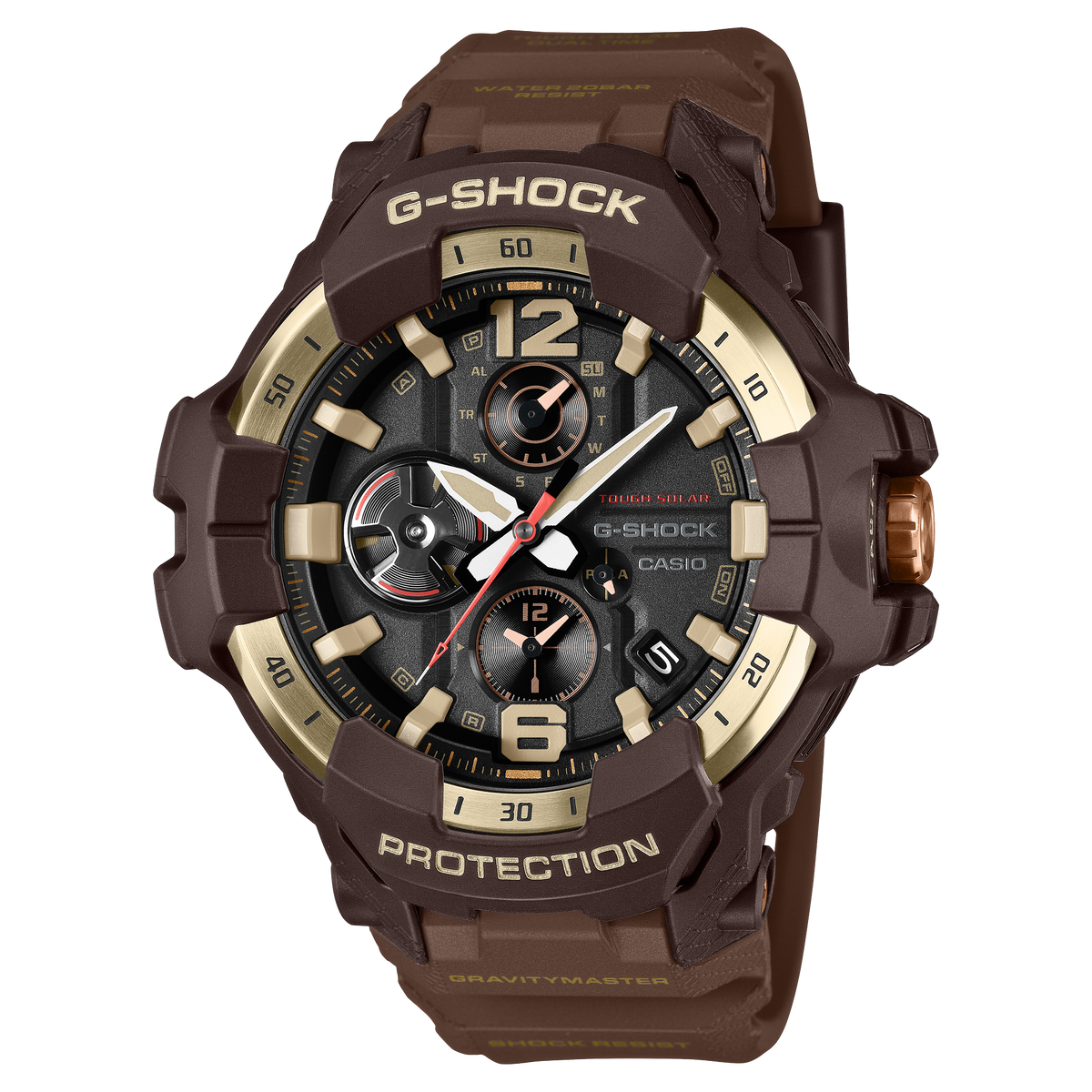G-Shock GRB300H-5A Master of G watch with gold ion-plated bezel on a dark brown resin band, front view