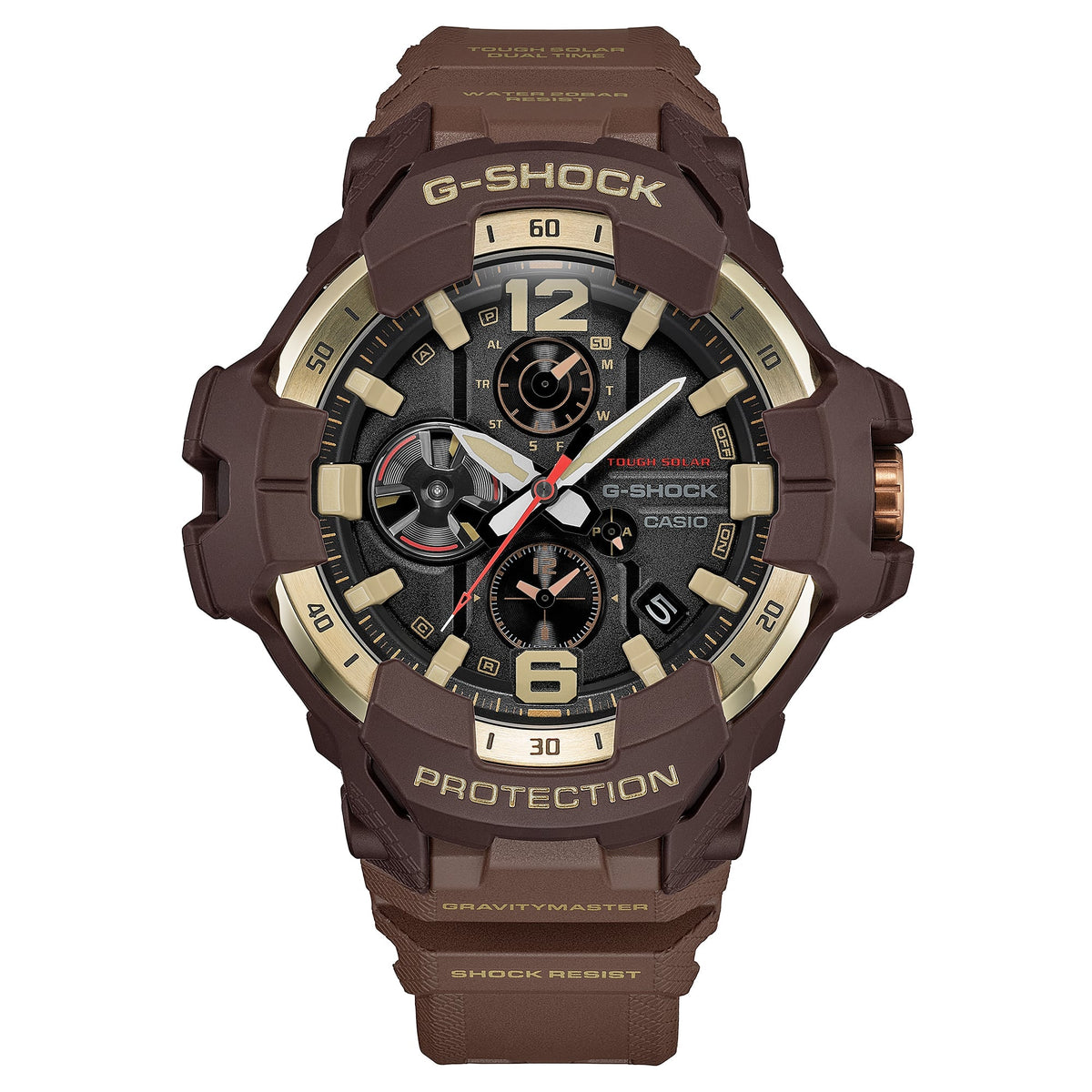 G-Shock GRB300H-5A angled view showing the Carbon Core Guard case and gold bezel