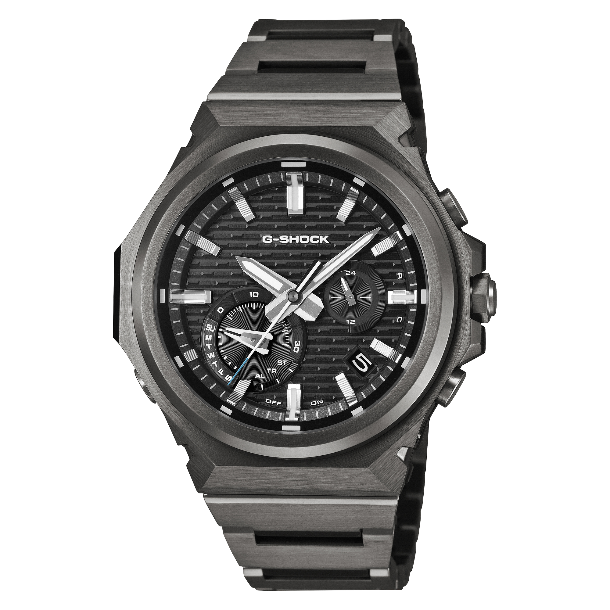 G-Shock G-STEEL wristwatch with a black dial and black ion-plated stainless steel bracelet.