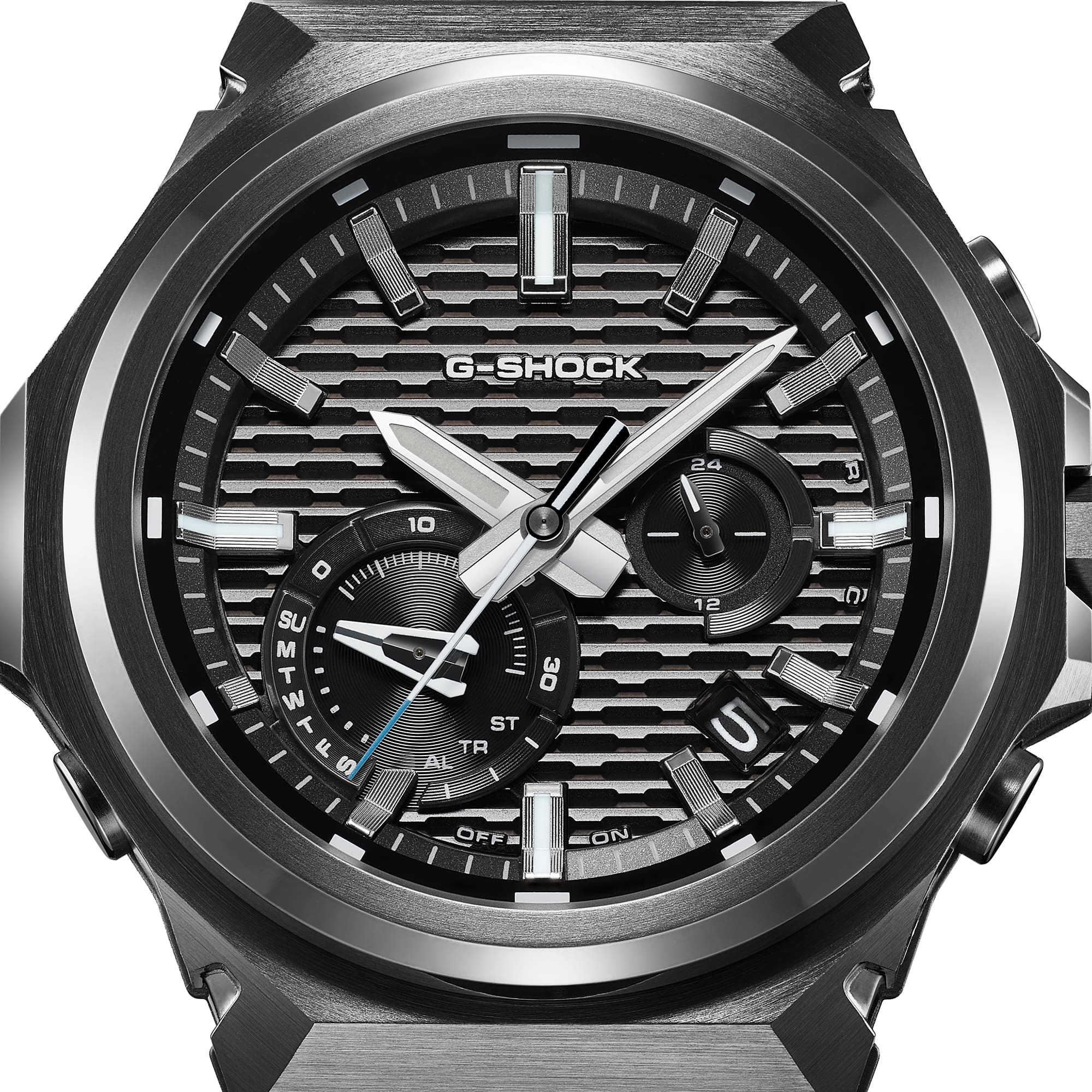 Angled view of the G-Shock GSTB1000BD-1A showing the slim case profile.