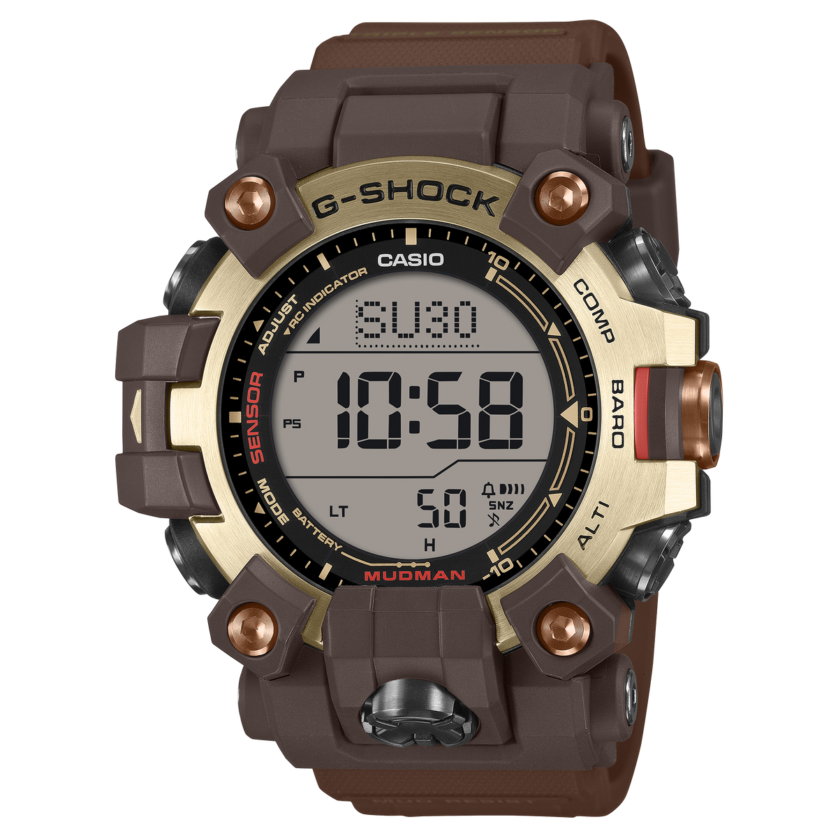 G-Shock Mudman GW9500MH-5D with light gold ion-plated bezel and dark brown resin band
