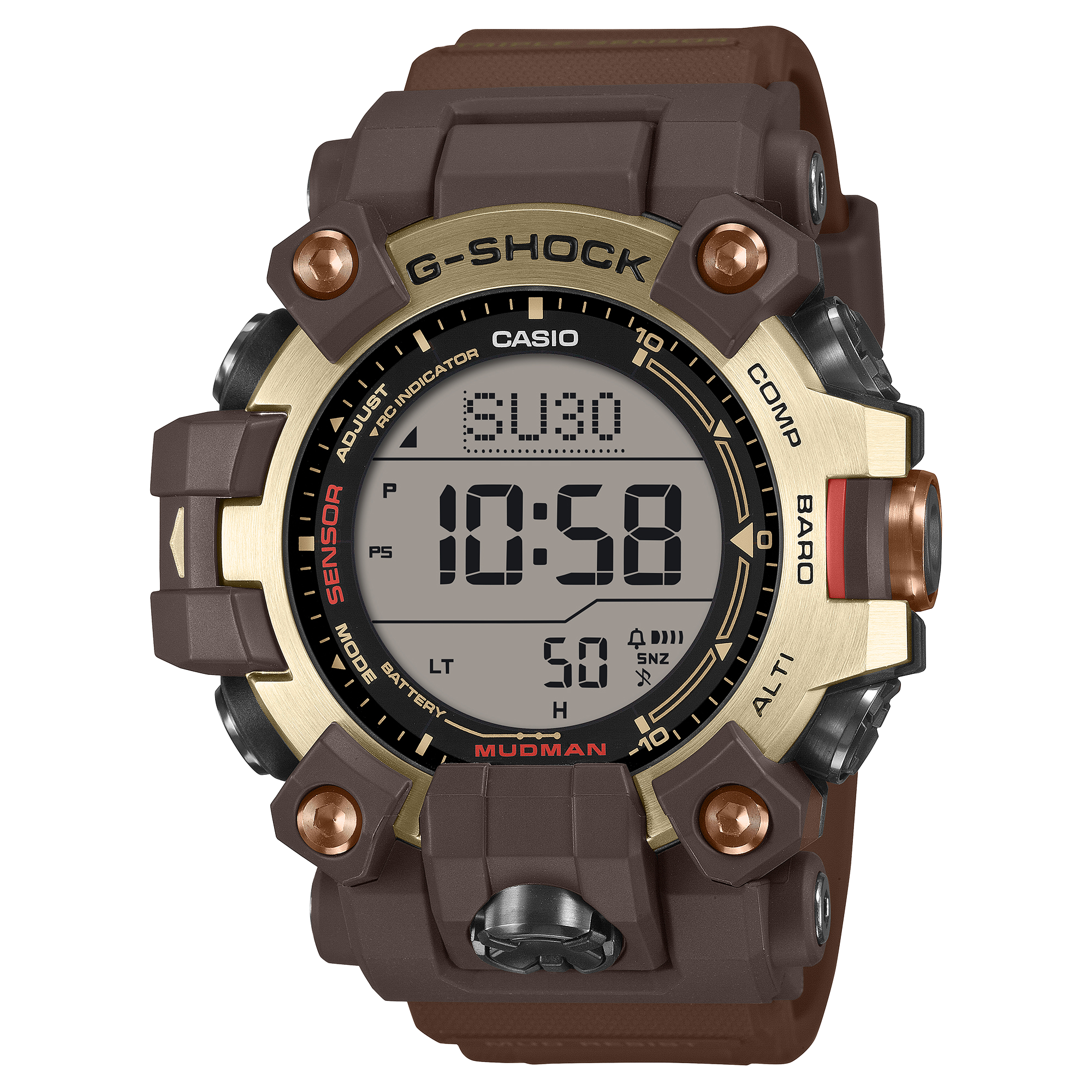 G-Shock Mudman GW9500MH-5D with light gold ion-plated bezel and dark brown resin band