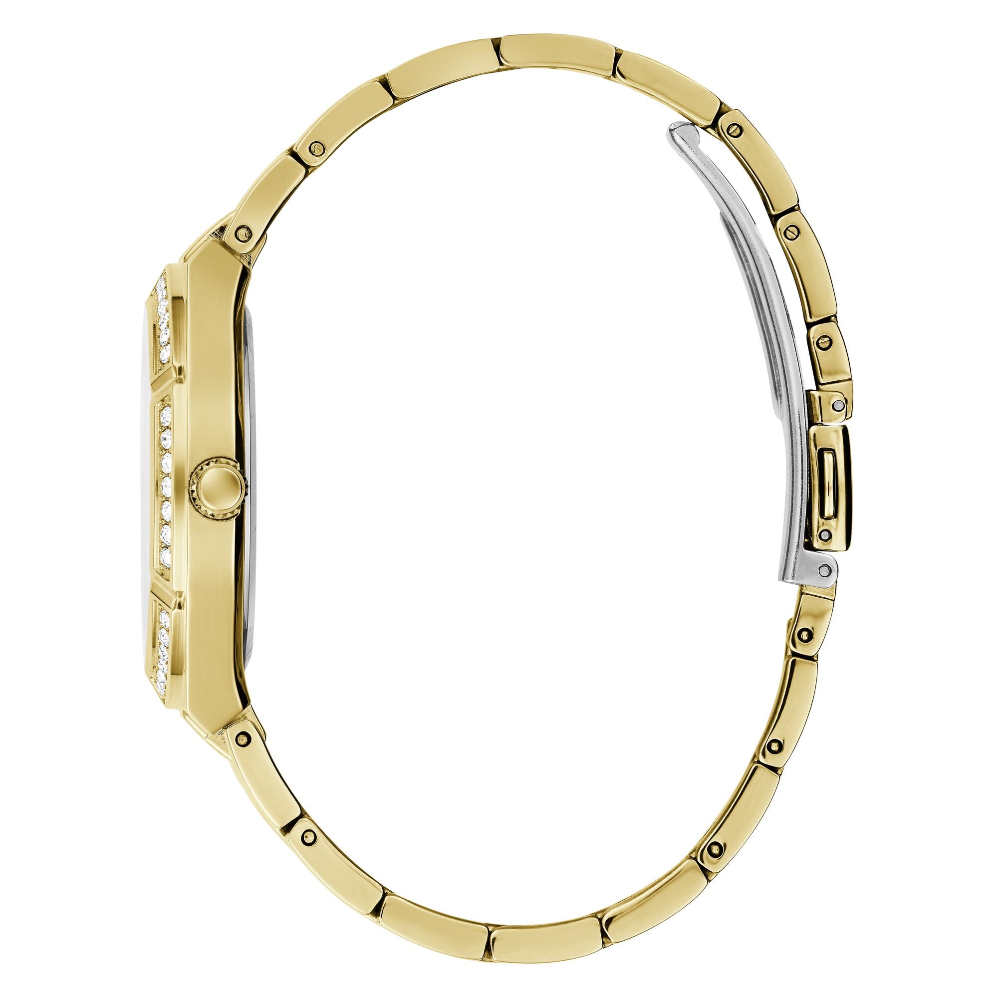 GUESS Gold Cosmo Crystal Watch GW0033L2 with gold-tone bracelet, crystal-embellished case, and sleek side profile design.