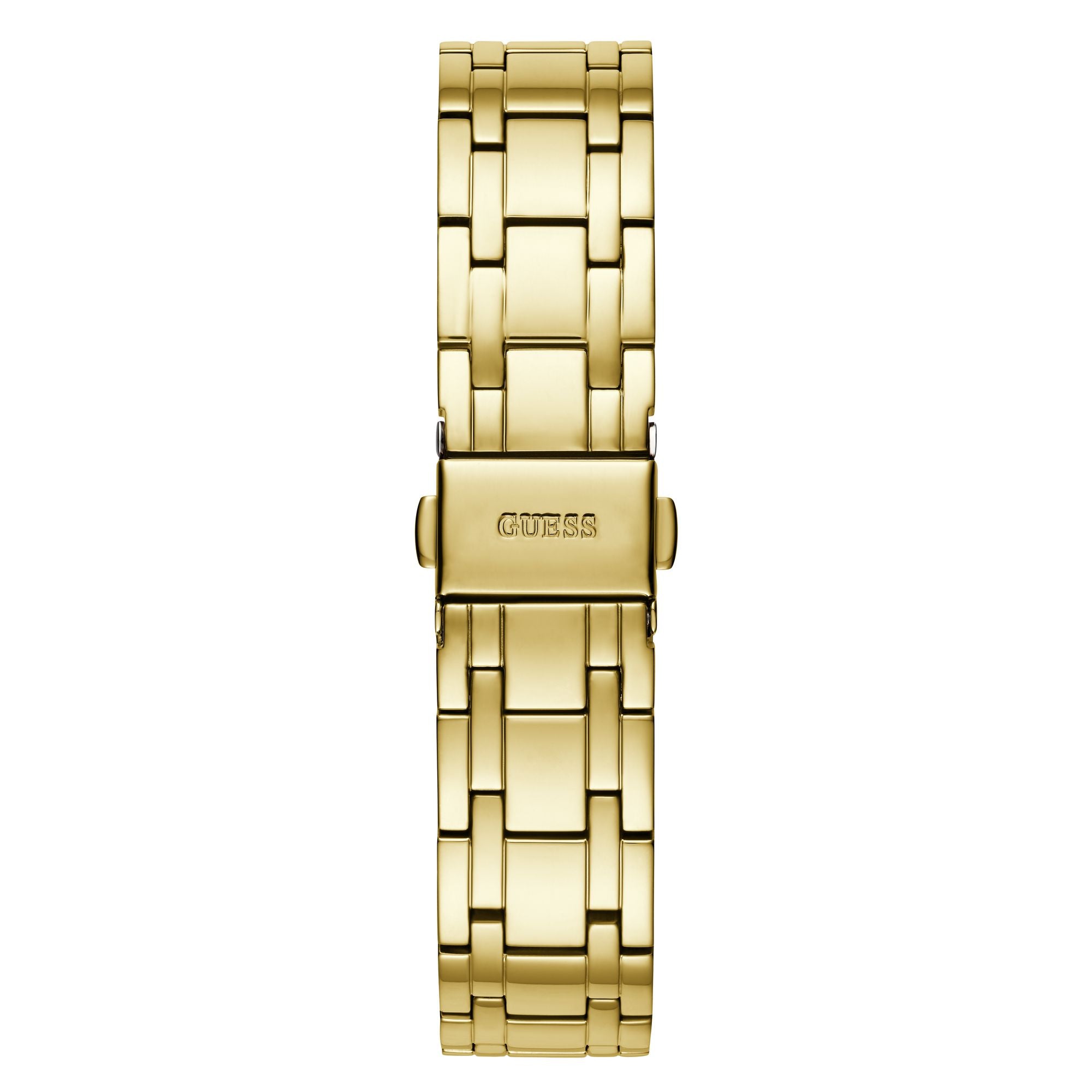 GUESS Gold Cosmo Crystal Watch GW0033L2 with a gold-tone stainless steel bracelet and engraved clasp for a luxurious finish.