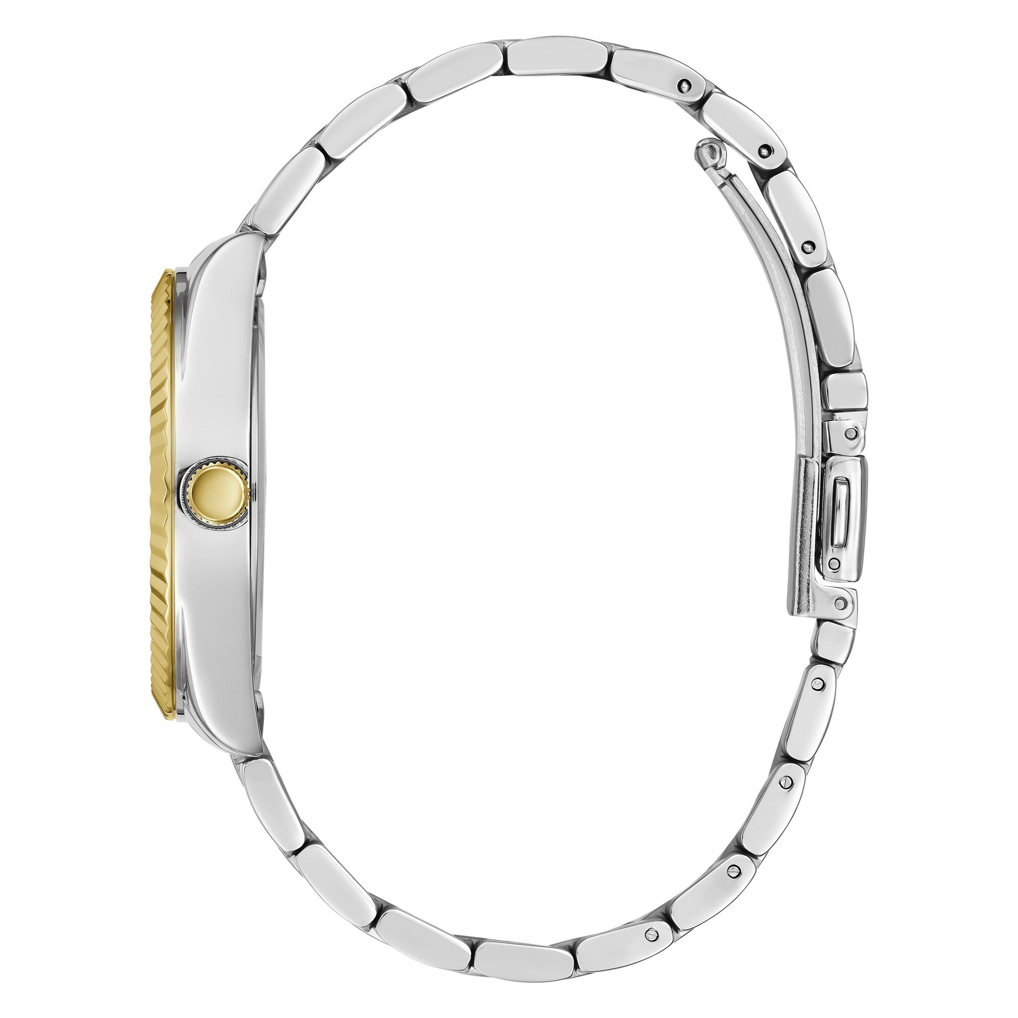 Side view of the Guess Gold Green Luna Day-Date Watch GW0308L5, featuring a gold-tone coin-edge bezel and silver-tone bracelet.