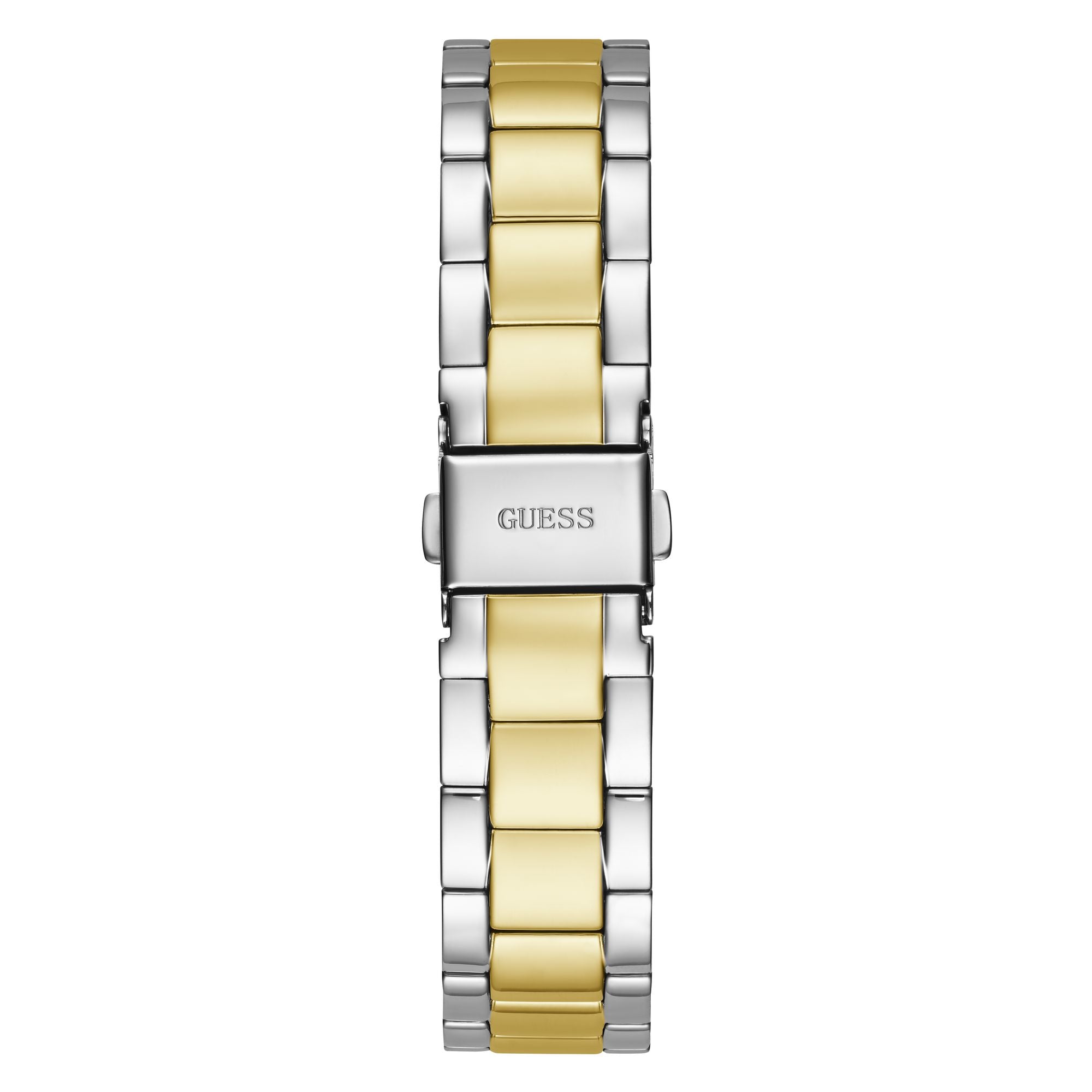 Guess Gold Green Luna Day-Date Watch GW0308L5 with a two-tone gold and silver bracelet and engraved Guess logo on the clasp.