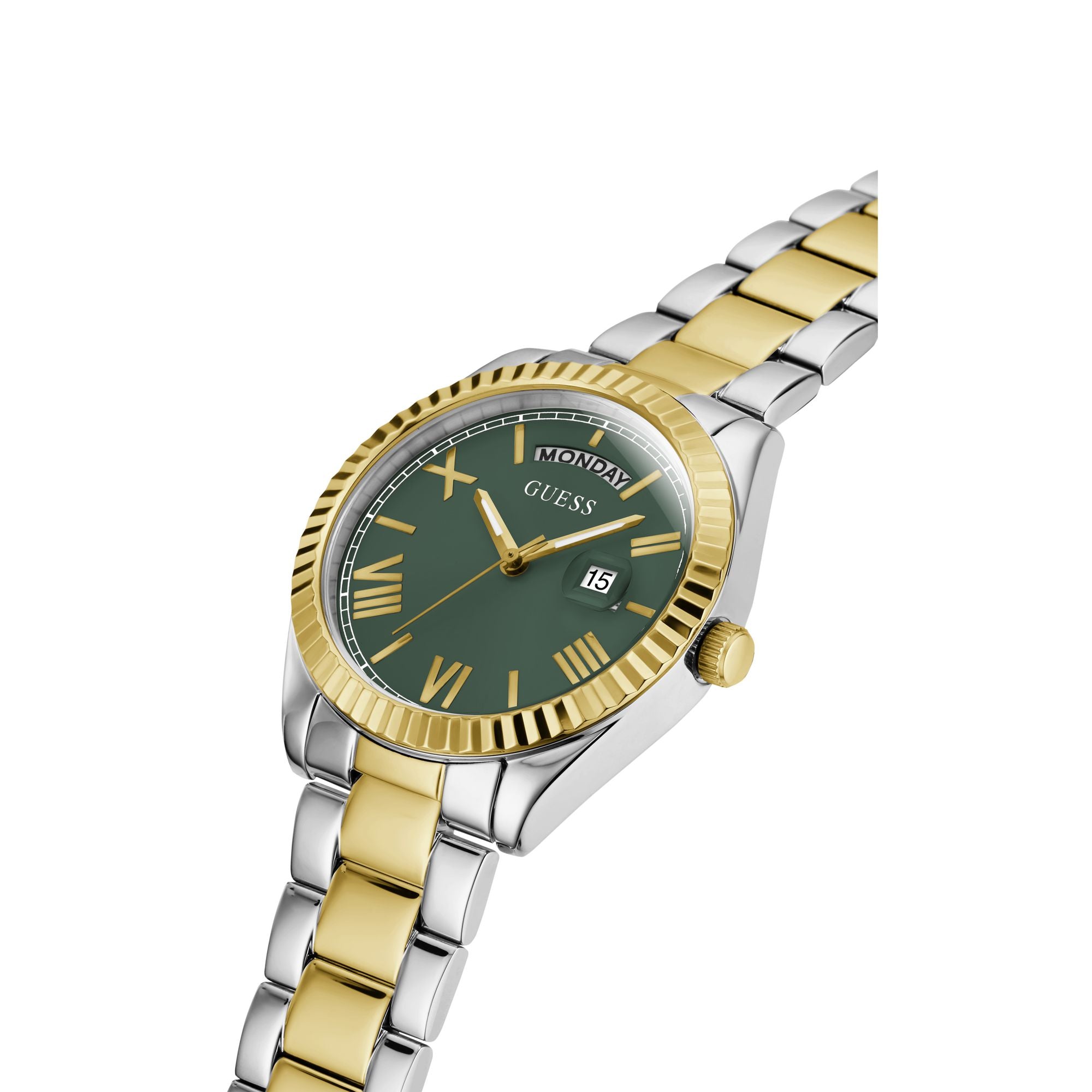 Guess Gold Green Luna Day-Date Watch GW0308L5 with gold and silver-tone bracelet, green dial, and Roman numeral details.