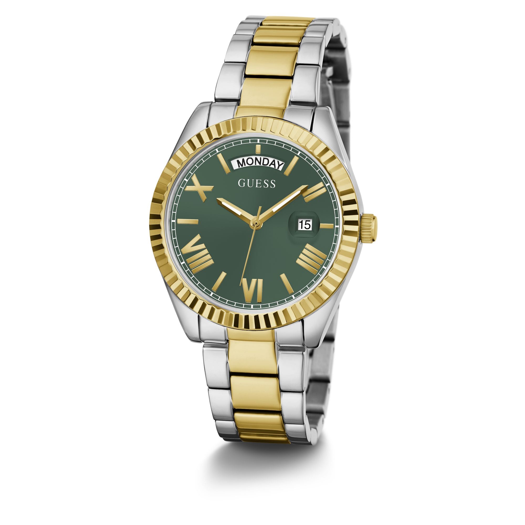 Guess Gold Green Luna Day-Date Watch GW0308L5 with gold-tone bezel, green dial, and two-tone bracelet for a luxe touch.