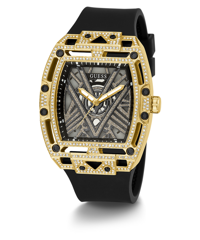 Guess Mens Black Gold Tone Analog Watch