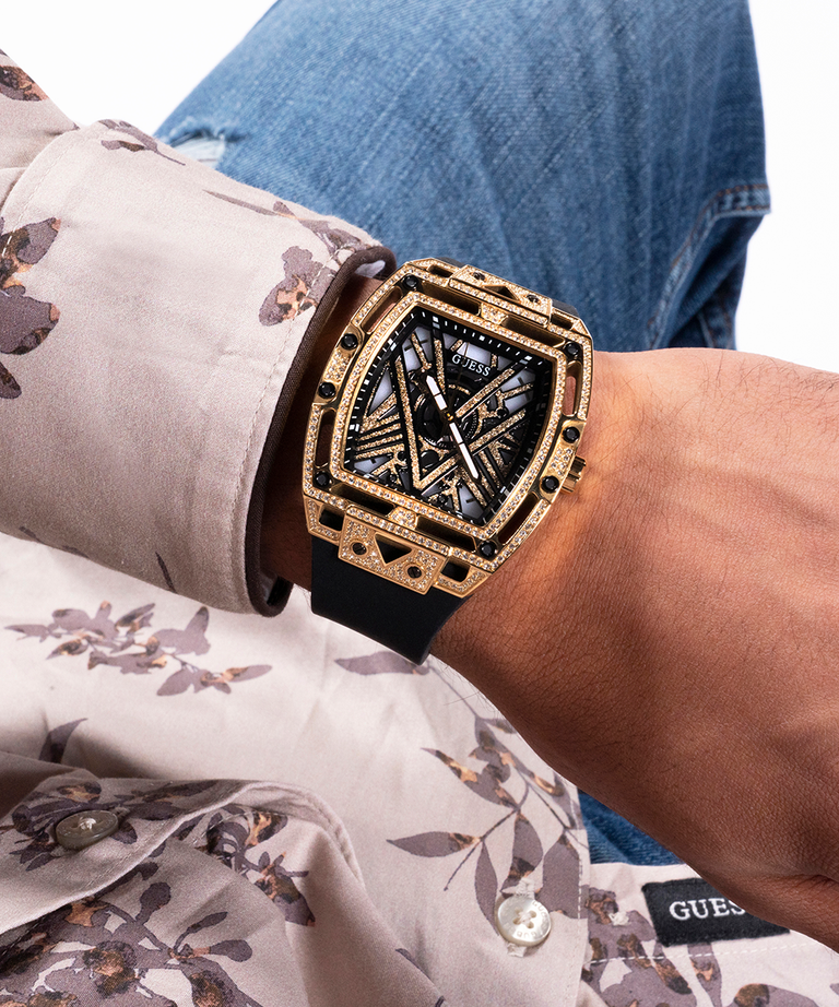 Guess Mens Black Gold Tone Analog Watch