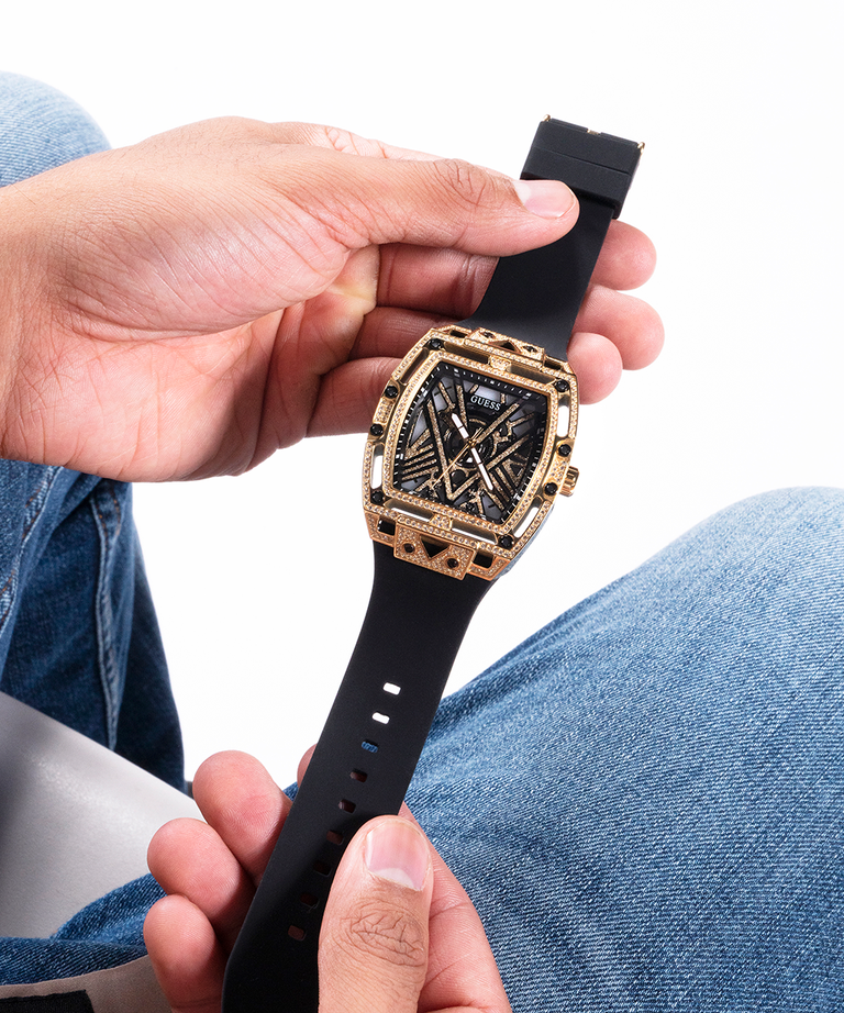 Guess Mens Black Gold Tone Analog Watch