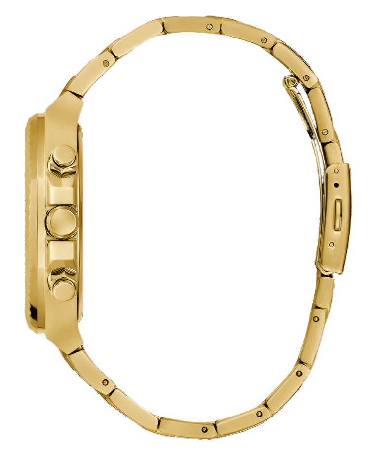 Side view of the Guess Gold Green Dial Gold Bracelet Watch GW0703G2, featuring a gold-tone stainless steel bracelet and coin edge bezel.