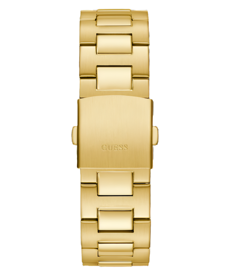 Guess Gold Green Dial Gold Bracelet Watch GW0703G2 features a gold-tone stainless steel bracelet with a secure clasp engraved with GUESS.