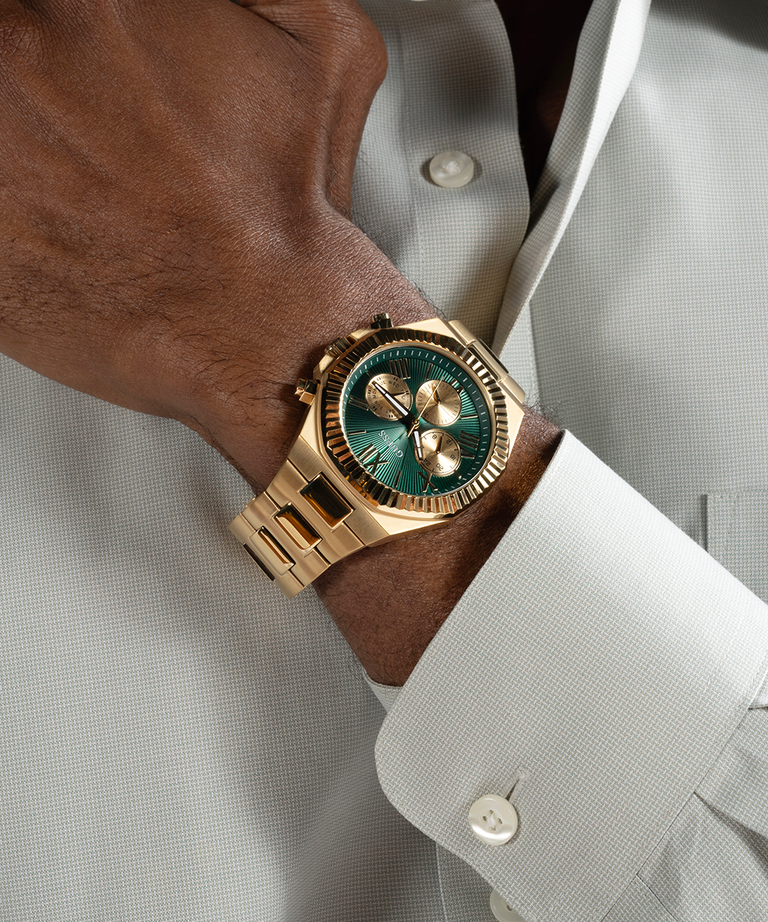 Guess Gold Green Dial Gold Bracelet Watch GW0703G2 with a gold-tone stainless steel bracelet and green sunray multifunctional dial.