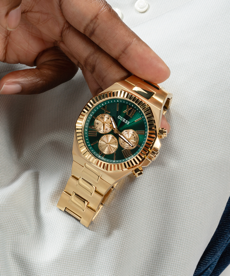 Guess Gold Green Dial Gold Bracelet Watch GW0703G2 with gold-tone stainless steel bracelet and green sunray multifunction dial.