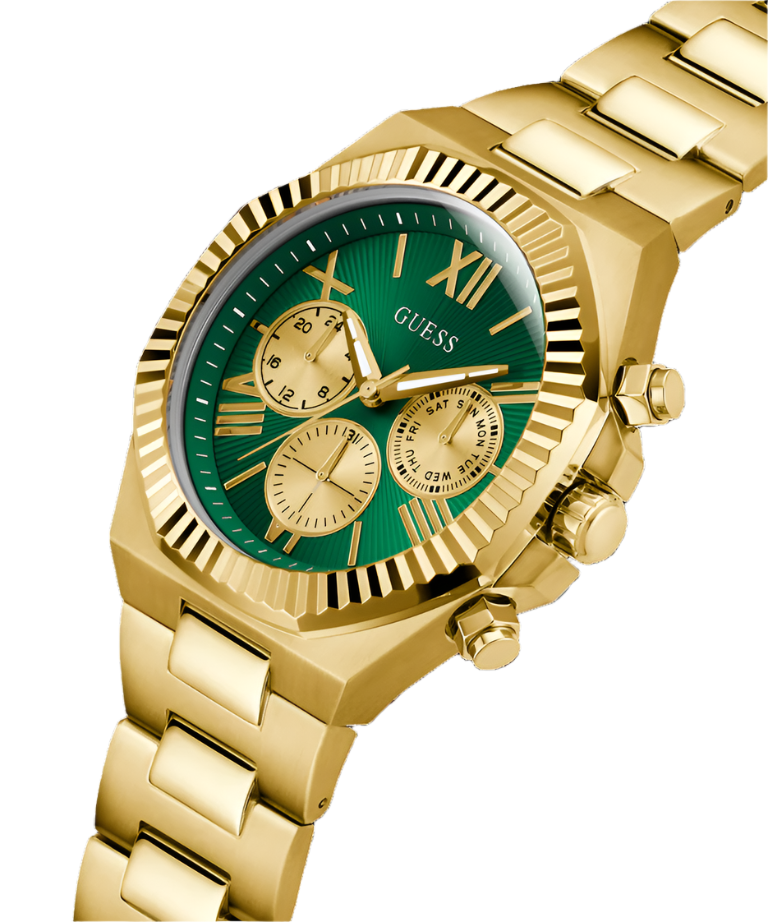 Guess Gold Green Dial Gold Bracelet Watch GW0703G2 with a gold-tone stainless steel bracelet, coin edge bezel, and green sunray dial.