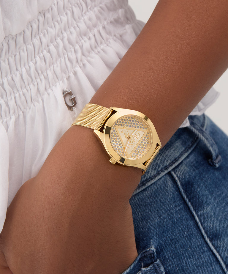 Guess Glitz Plaque Champagne Dial Gold Stainless Steel Watch GW0835L2