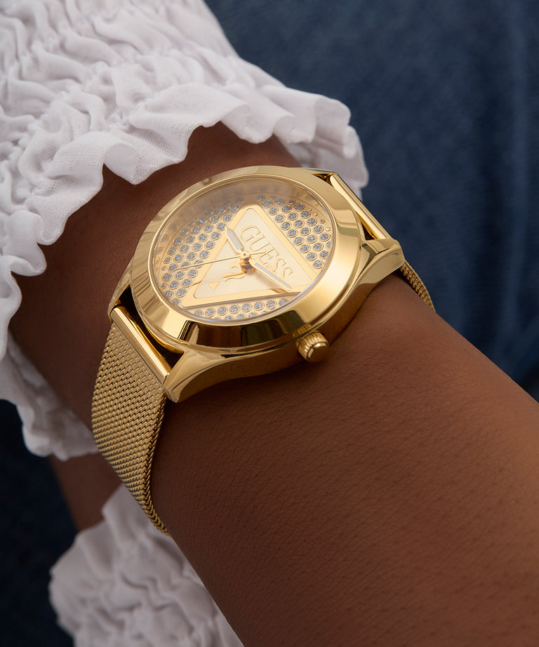 Guess Glitz Plaque Champagne Dial Gold Stainless Steel Watch GW0835L2