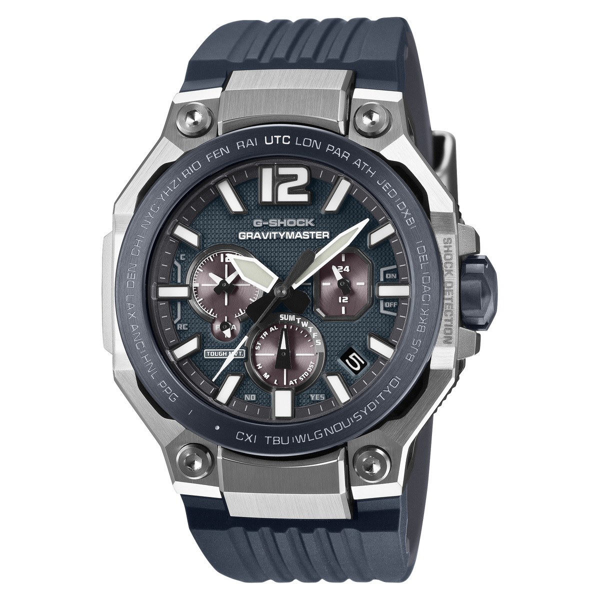 G-Shock Gravitymaster GWRB3000A-2A blue dial and bezel on a blue resin band, shown straight on.