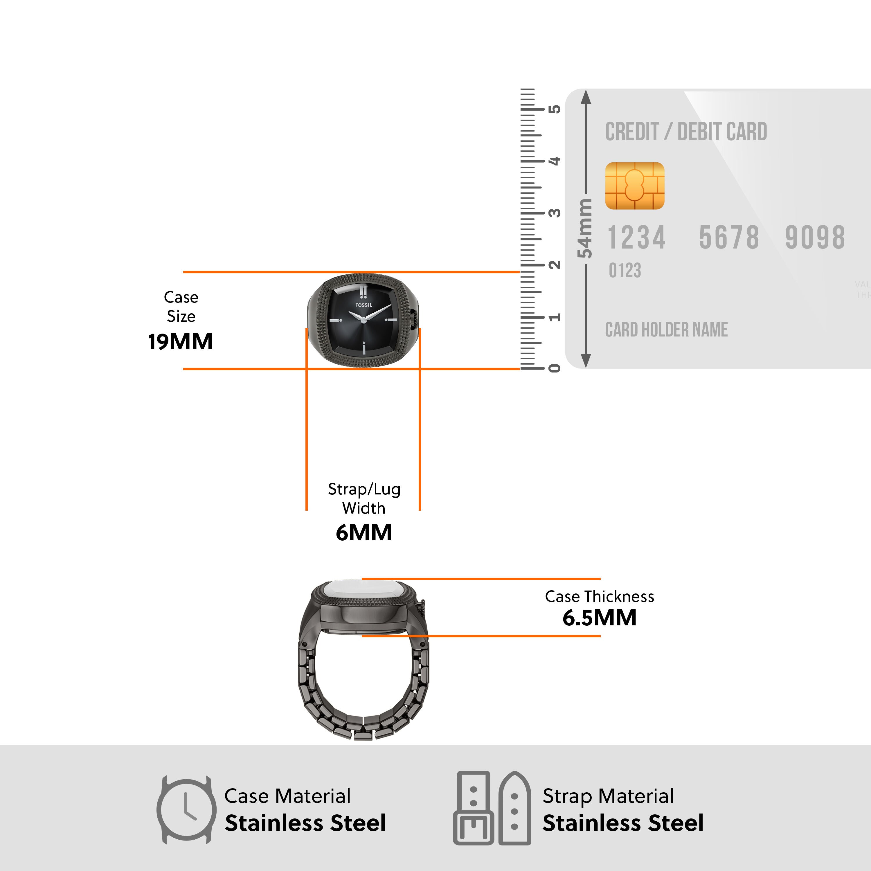 Fossil Machine Luxe Black Dial Gunmetal Stainless Steel Watch Ring LE1212