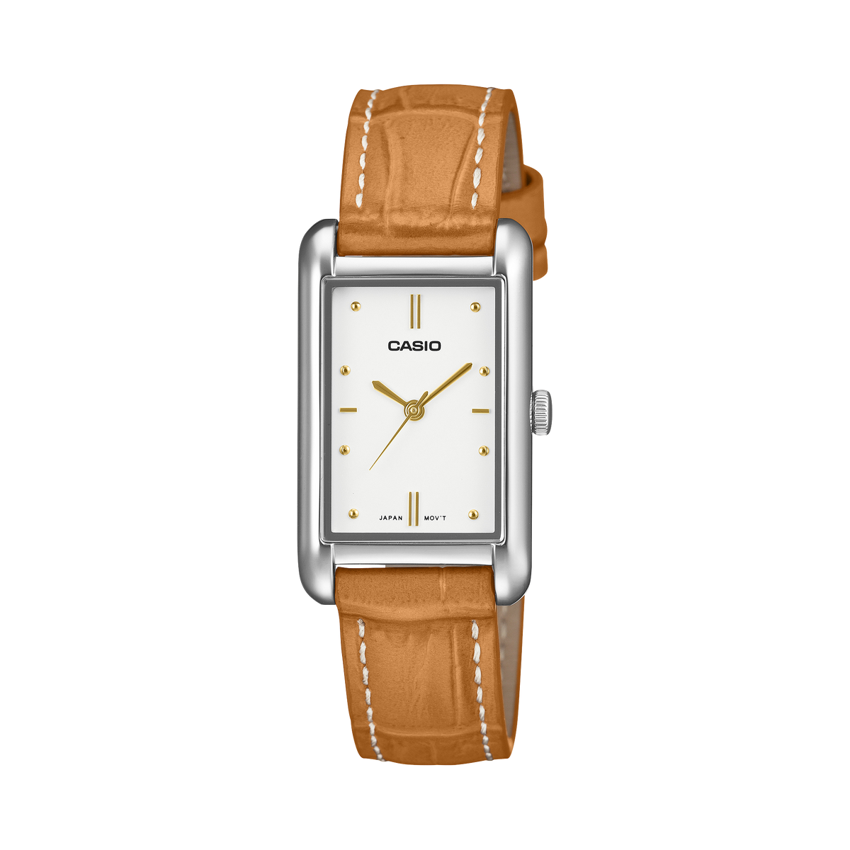 Casio LTP-B171L-7A2 women's watch with a white sunray dial on a brown genuine leather band, front view