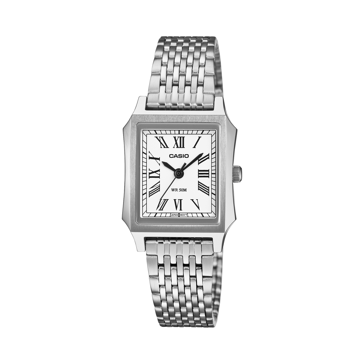 Casio LTP-B190D-7B white Roman numeral dial on a stainless steel bracelet, shown straight on.