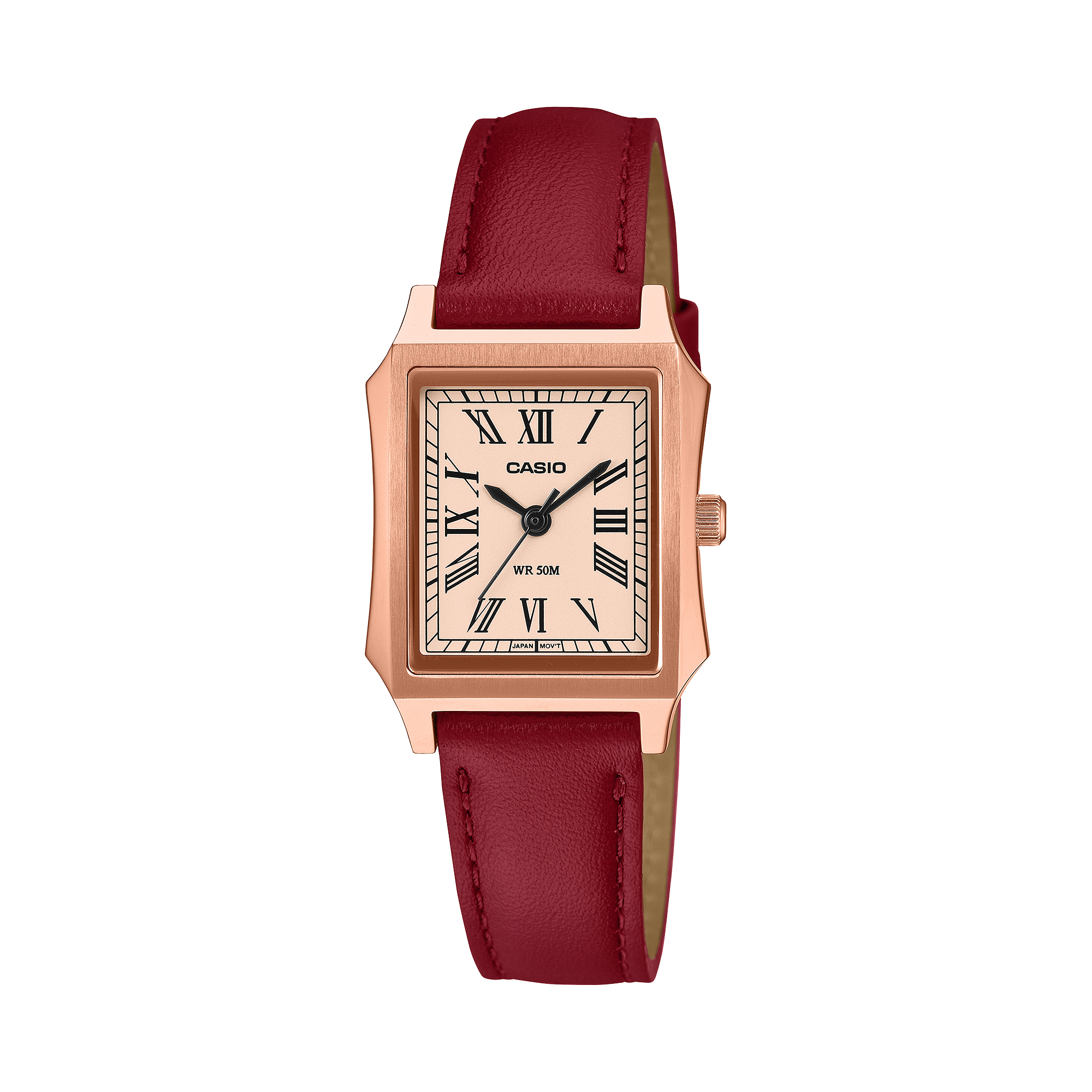 Casio LTP-B190RGL-4B rose gold dial on a red leather strap, shown straight on.