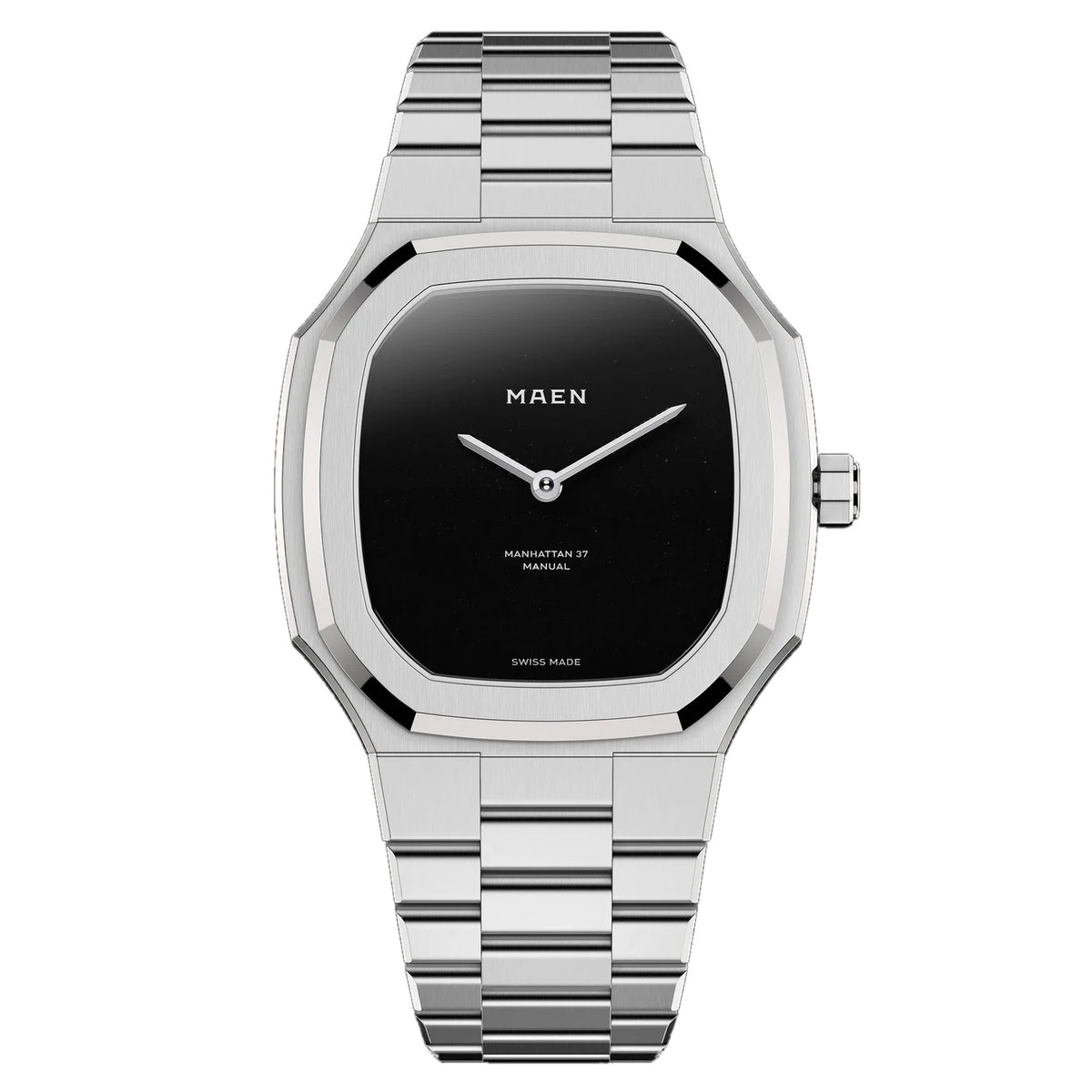 MAEN Manhattan 37 Ultra Thin M2.2.5 with a polished black onyx stone dial on a stainless steel integrated bracelet, front view