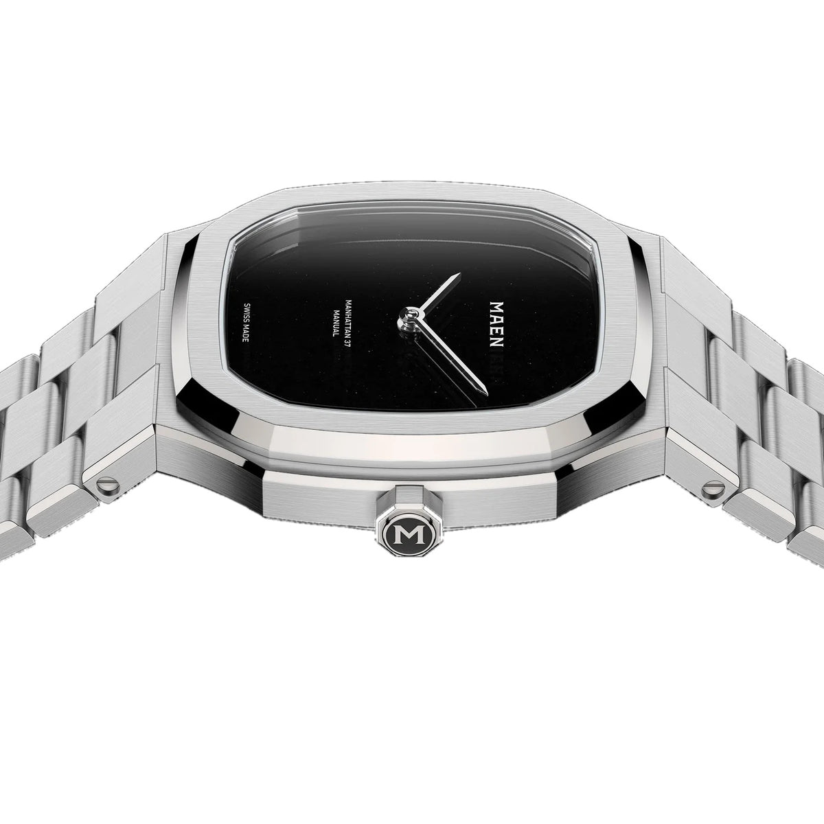 Angled close view of the MAEN Manhattan 37 Ultra Thin M2.2.5 showing the black onyx dial and slim polished case side