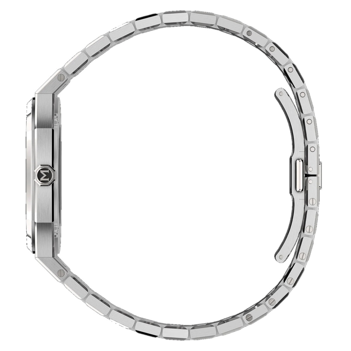 Side profile of the MAEN Manhattan 37 Ultra Thin showing the slim 7.1mm case and tapered stainless steel bracelet