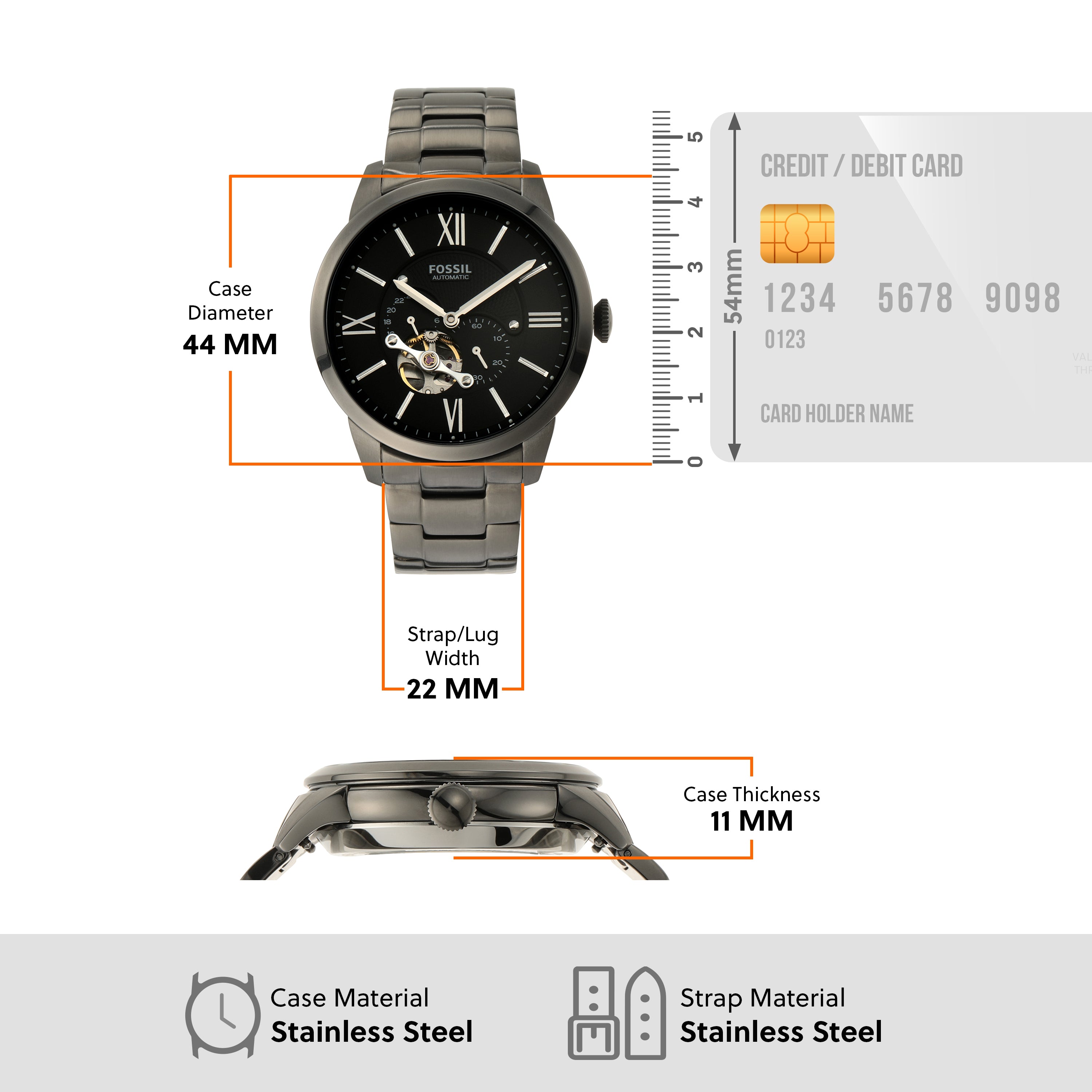 Fossil Townsman Mechanical Black Dial and Smoke Stainless Steel Band ME3172