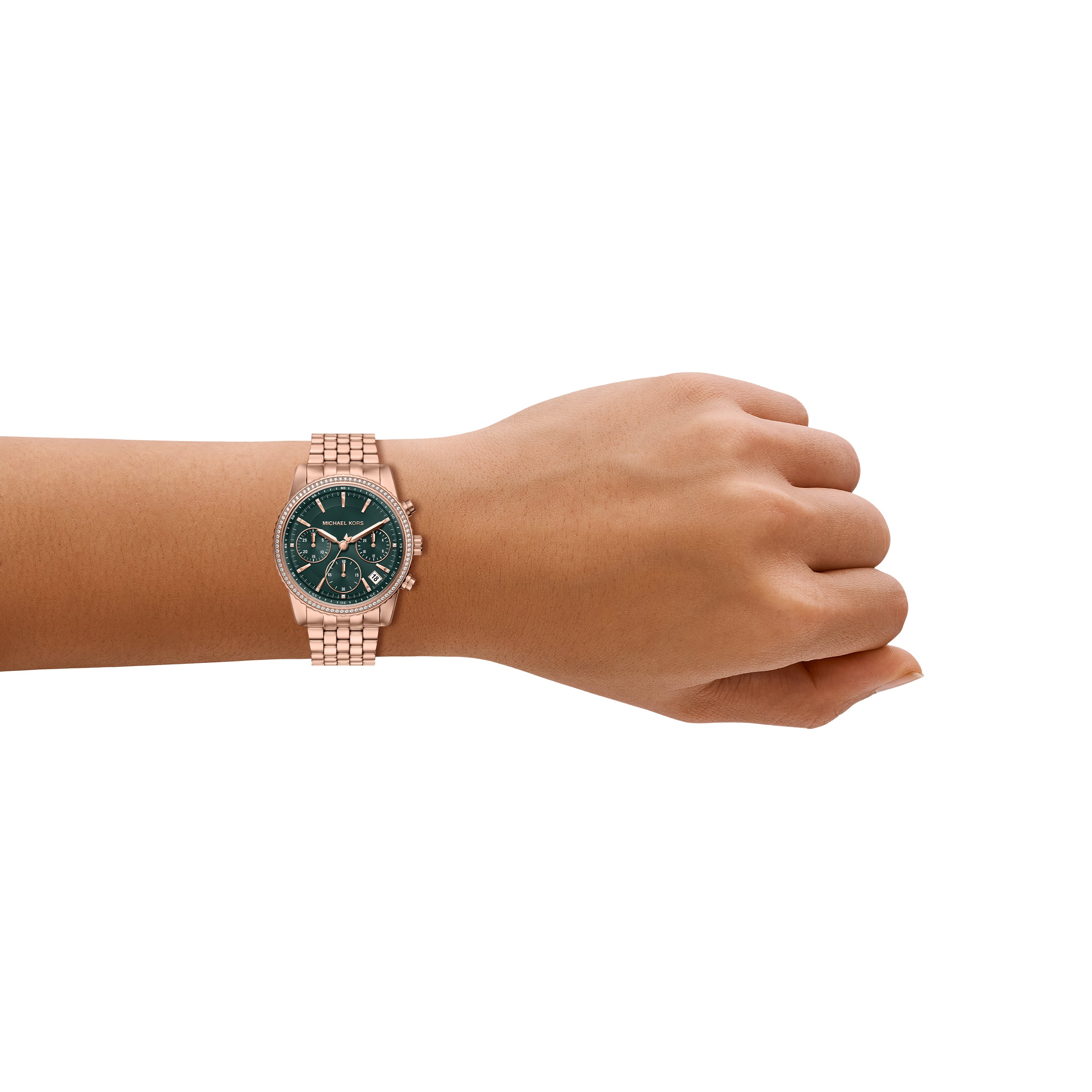 Michael Kors Bryant Green Dial Rose Gold Stainless Steel Watch MK7600