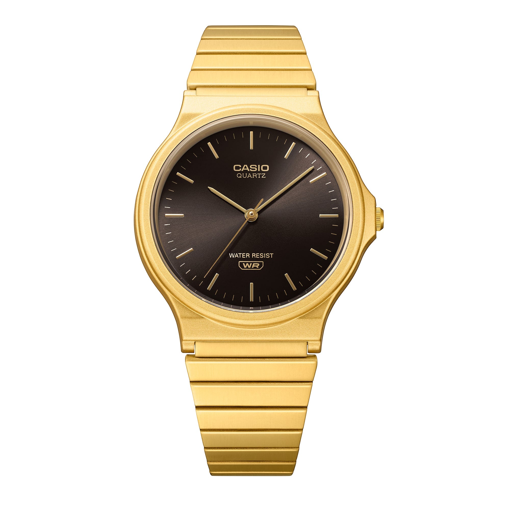 Front view of the Casio MQ24GA-1A black dial and gold bracelet.