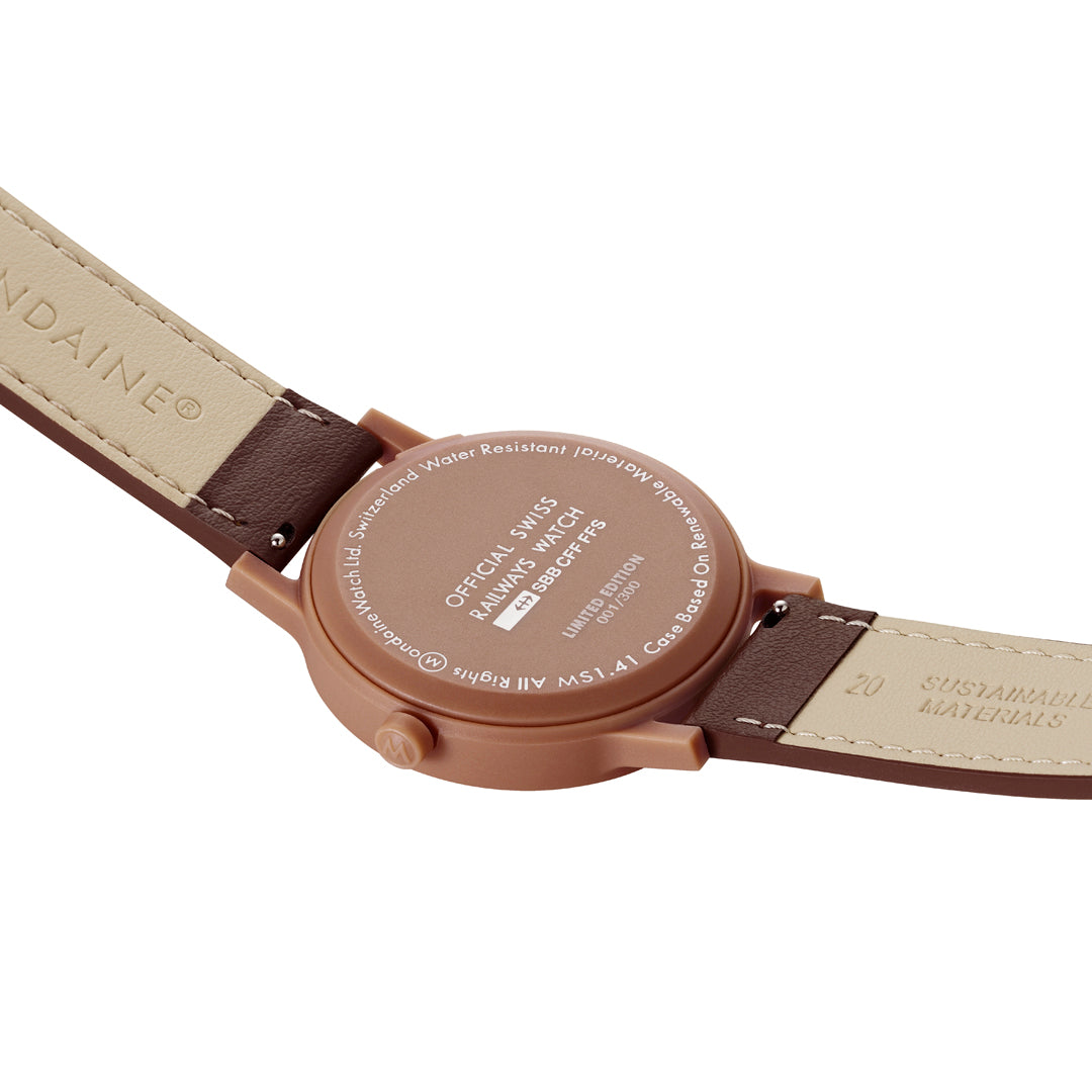 Back view of the Mondaine Essence Mocha 41mm Limited Edition watch with a two-tone brown leather strap.