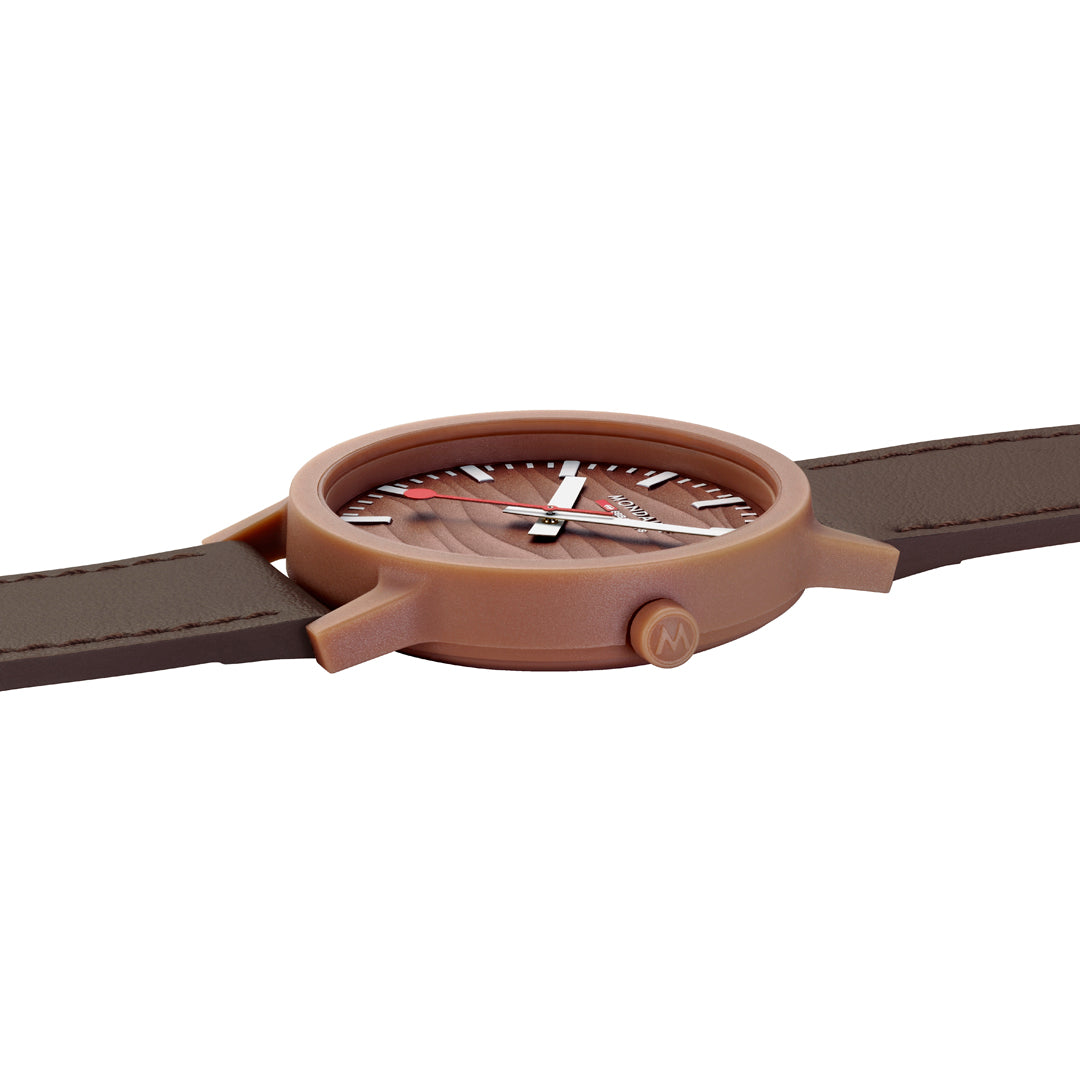Mondaine Limited Edition Essence Mocha 41mm watch with textured wave dial in mocha mousse on brown leather strap.